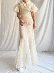 1930s Light Yellow Organdy Gown - XS