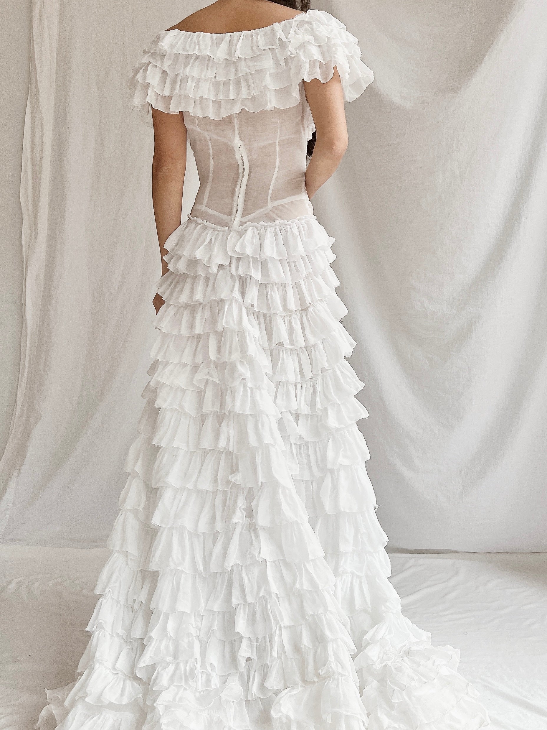 1930s Organdy Ruffle Gown - XS