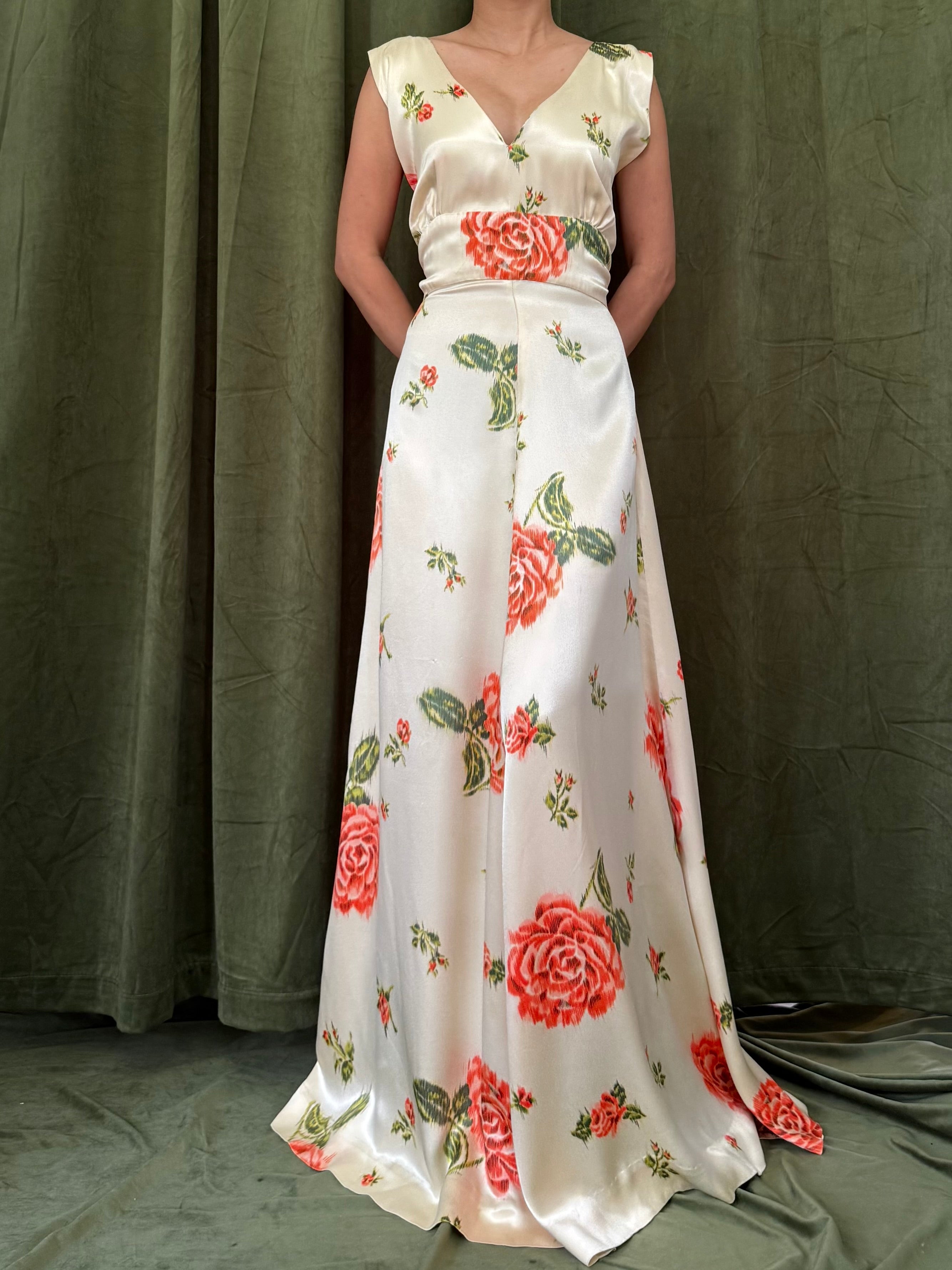 1940s Satin Floral Dress - S/M