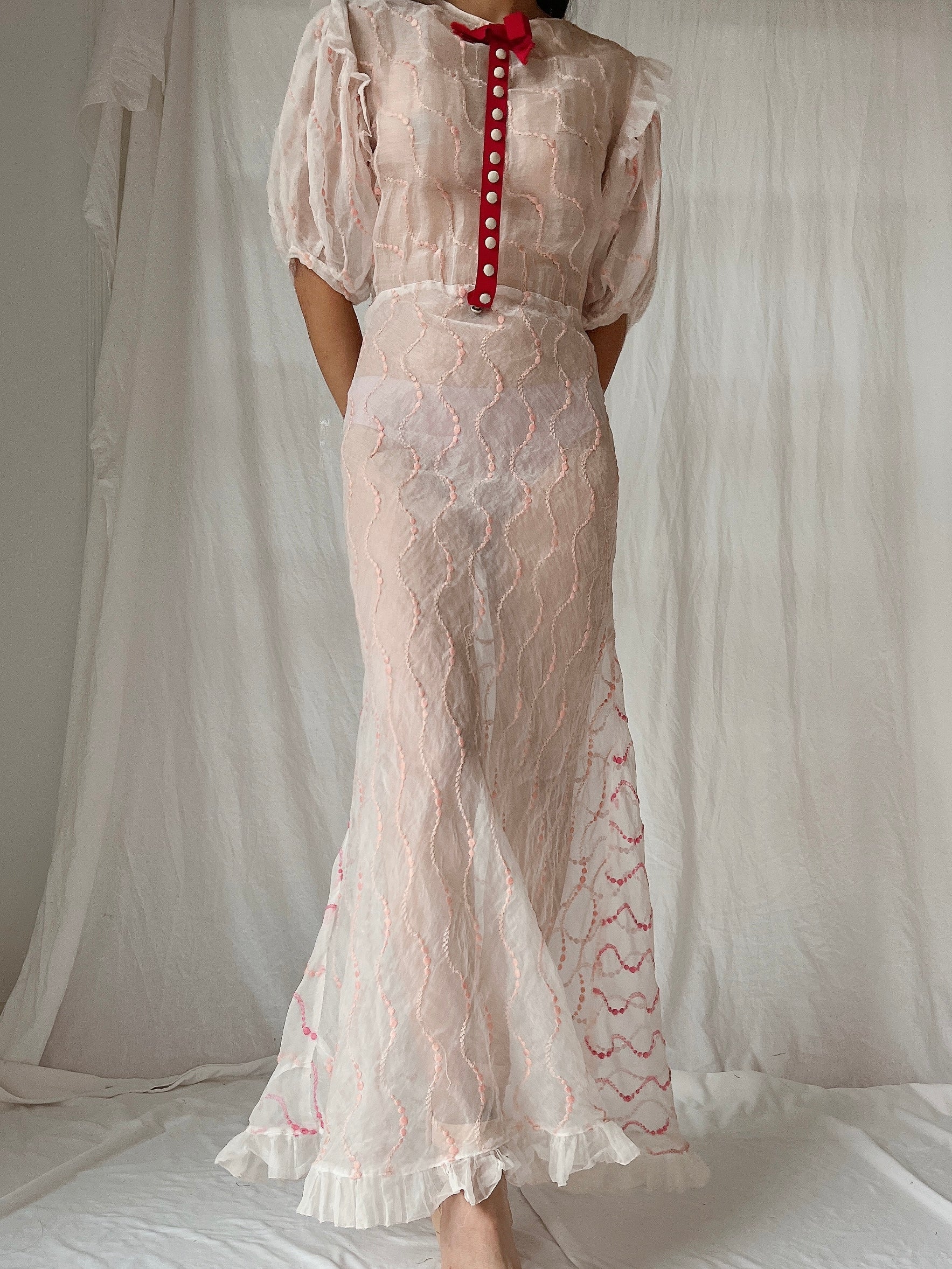 1930s Organdy Embroidered Dress - S