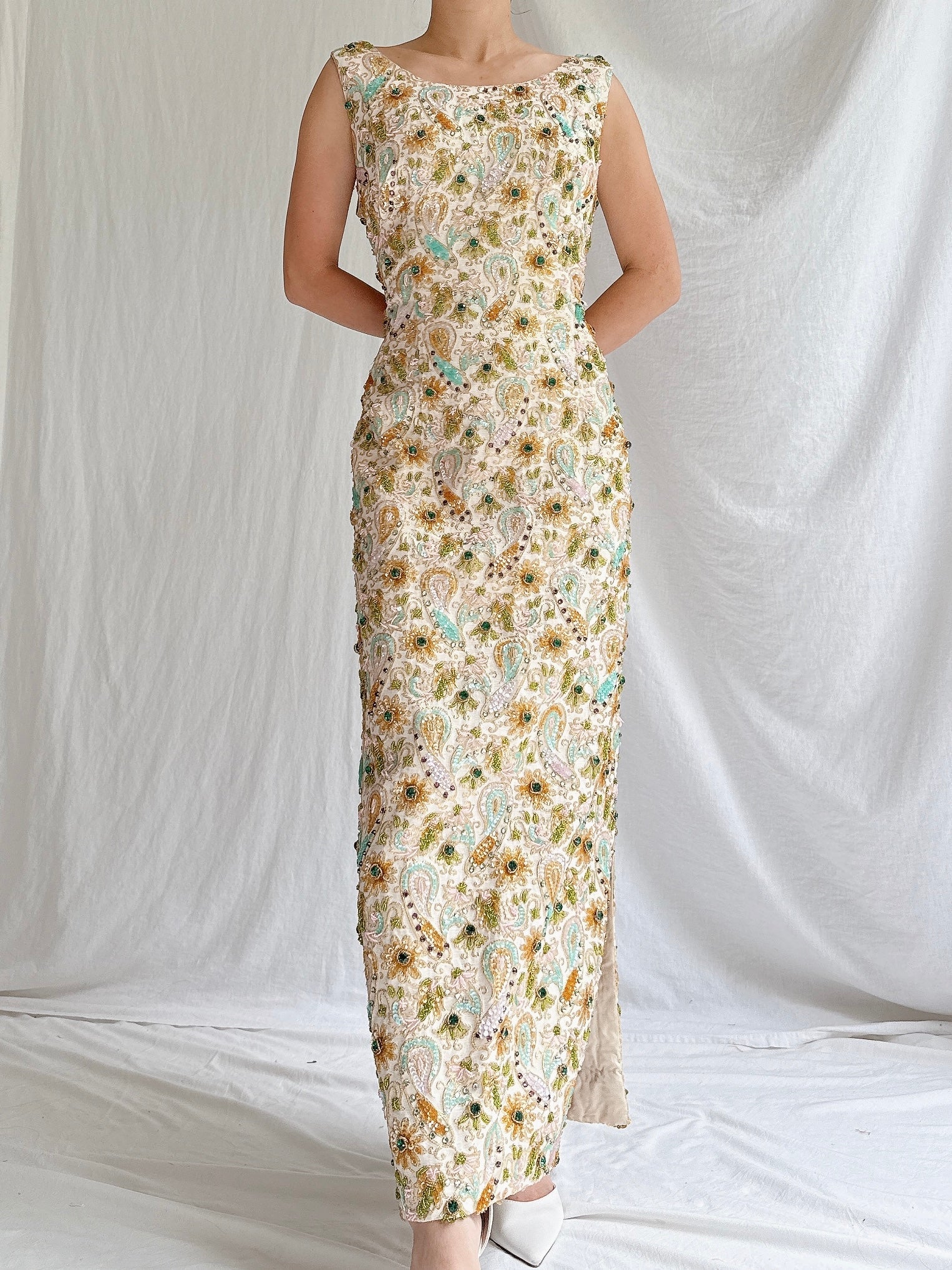 1960s Beaded Brocade Column Gown - M