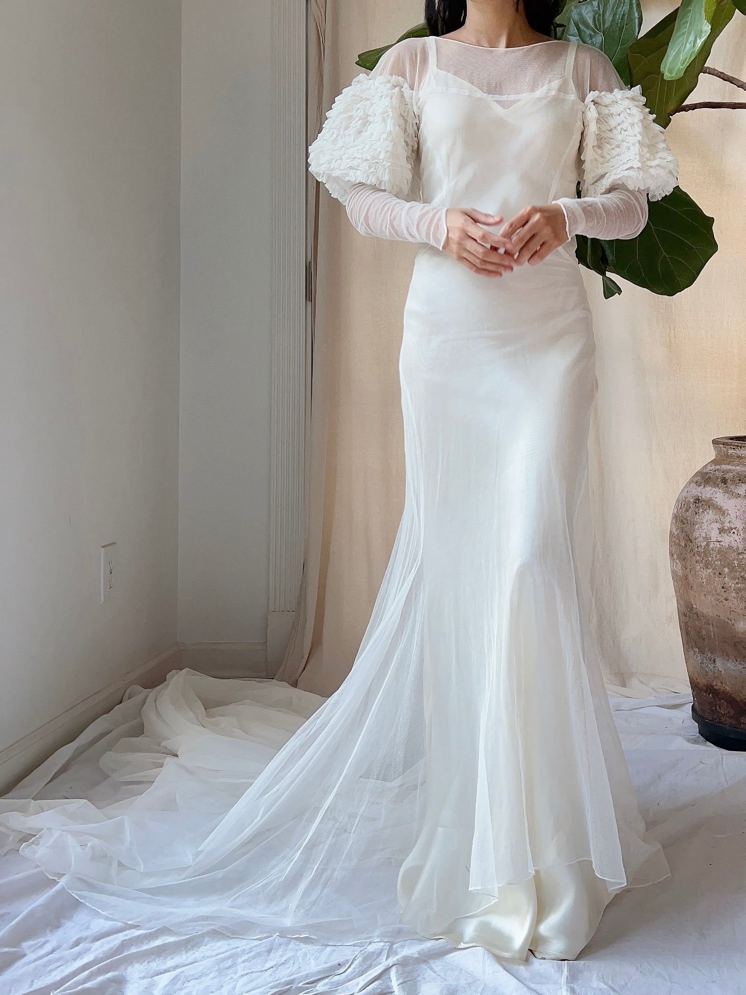 1930s Tulle Puff Sleeves Gown - XS