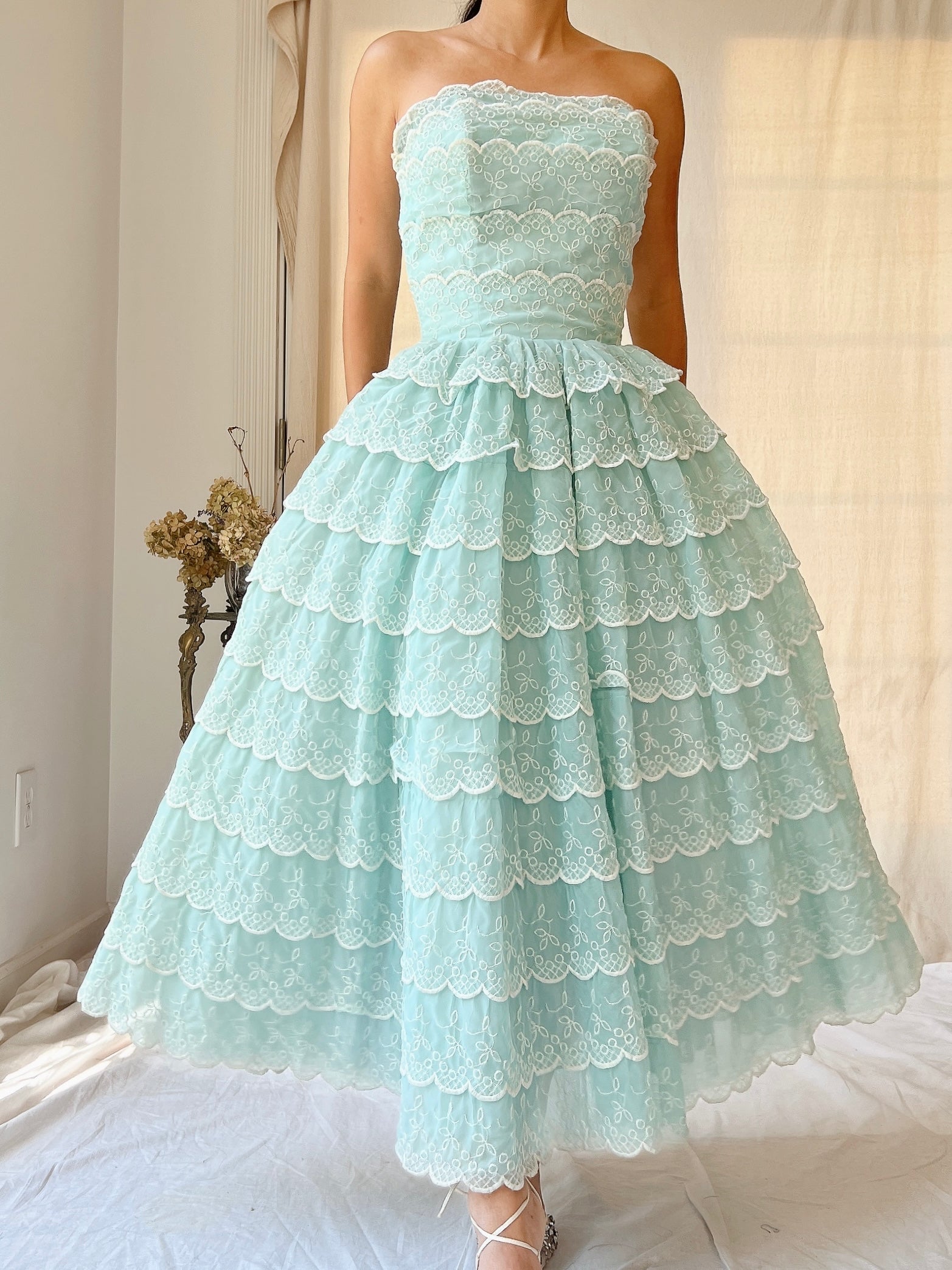 1950s Scalloped Voile Embroidered Dress - XS