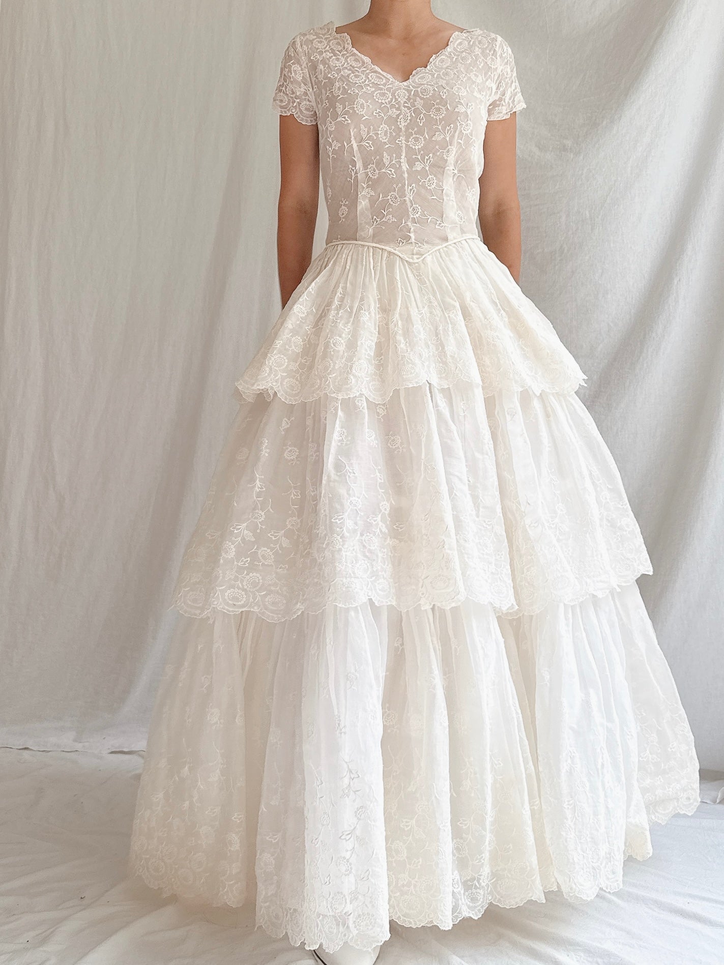 1950s Organdy Embroidered Dress - XS