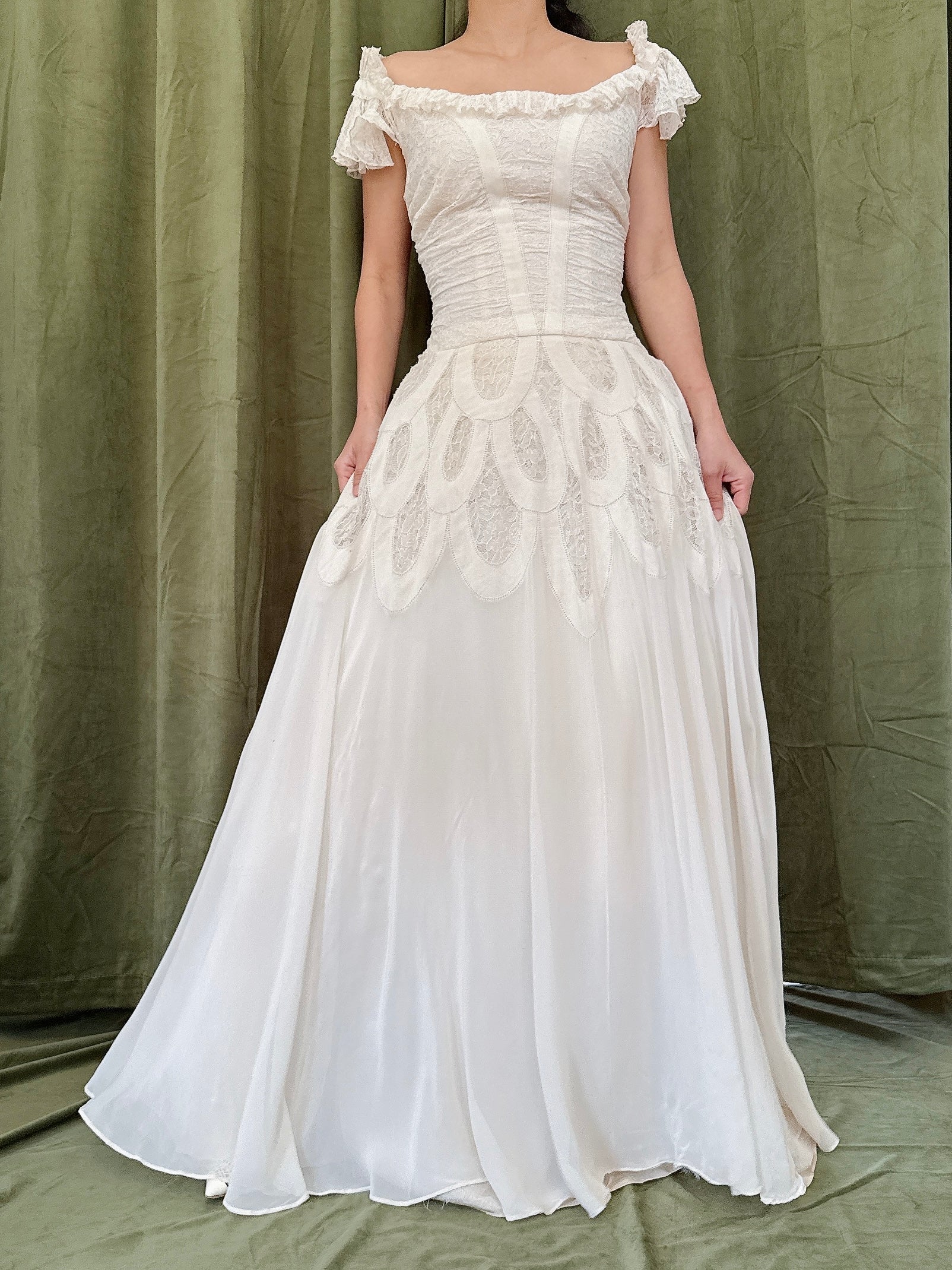 1950s Chiffon & Lace Dress - S