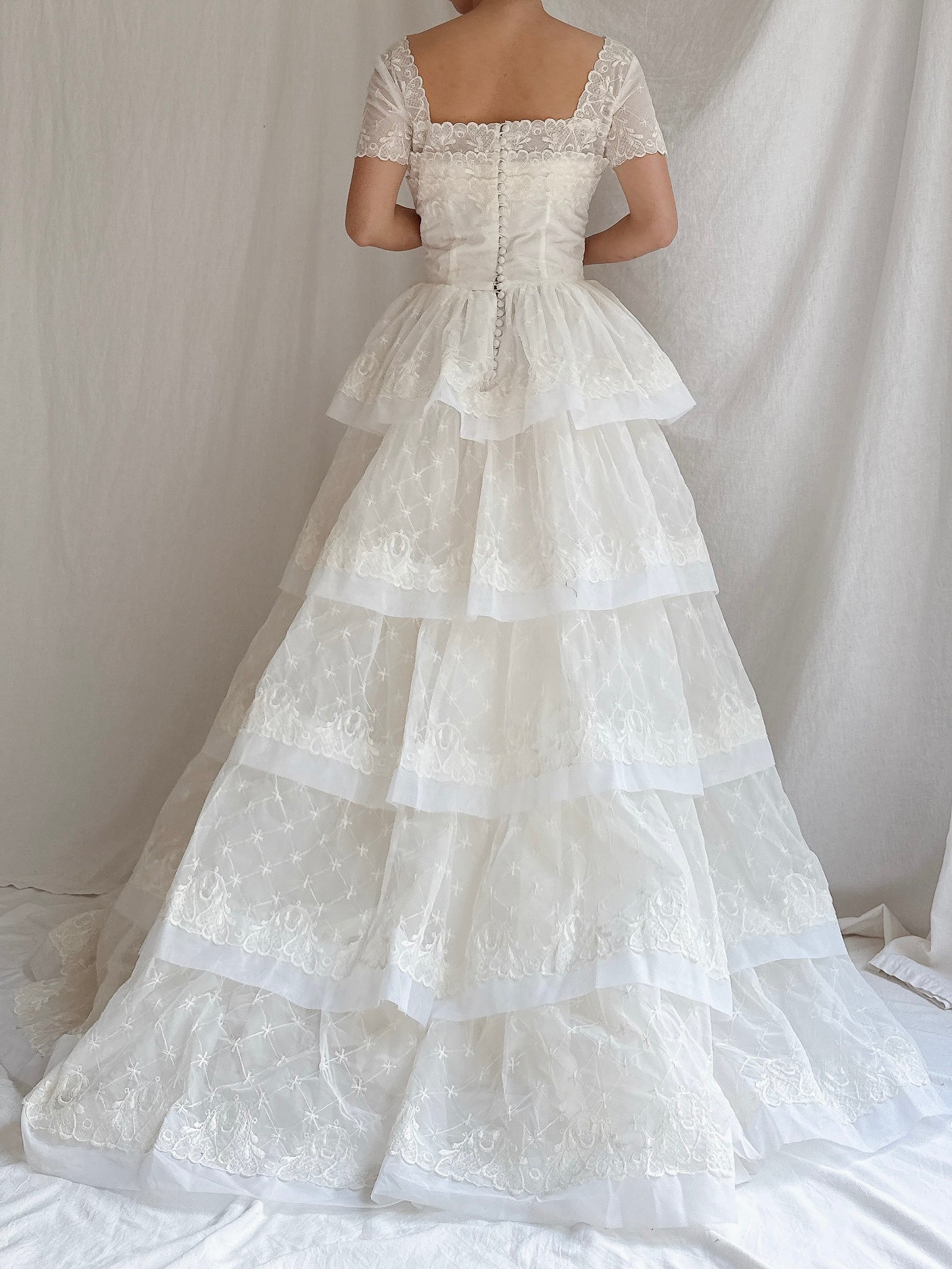 1950s Voile Embroidered Tiered Gown - XS