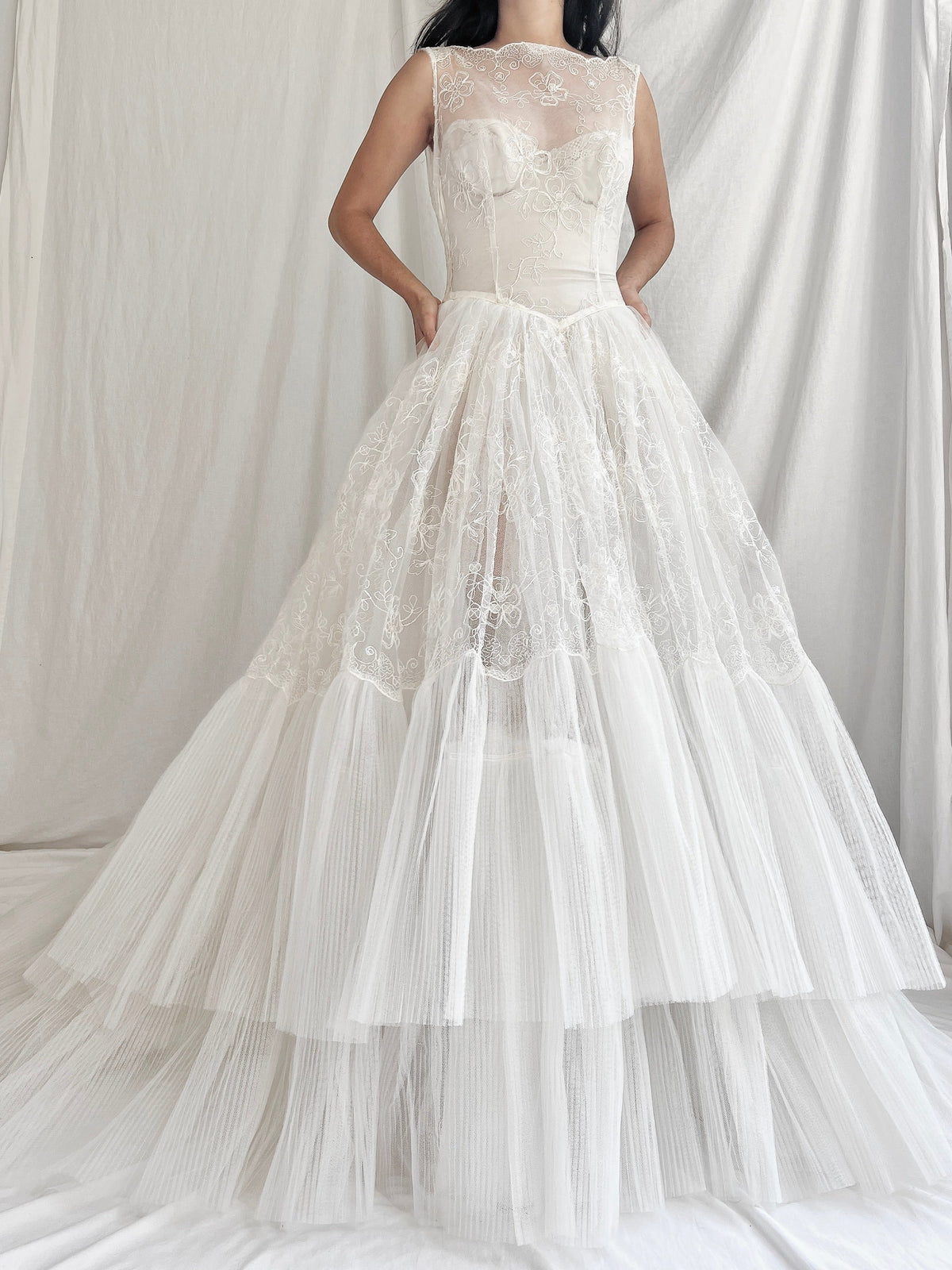 1950s Sheer Tulle Embroidered Dress - XS