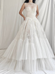 1950s Sheer Tulle Embroidered Dress - XS