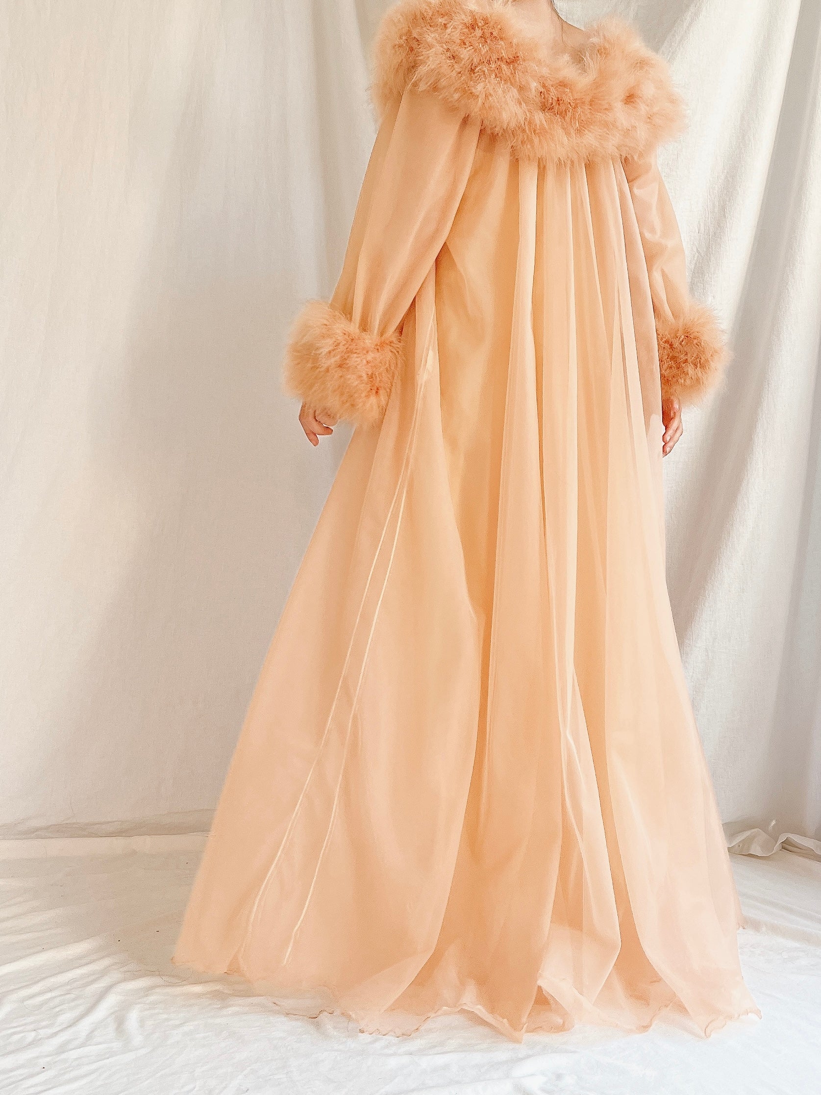 1960s Dark Apricot Nylon Marabou Duster - S/M