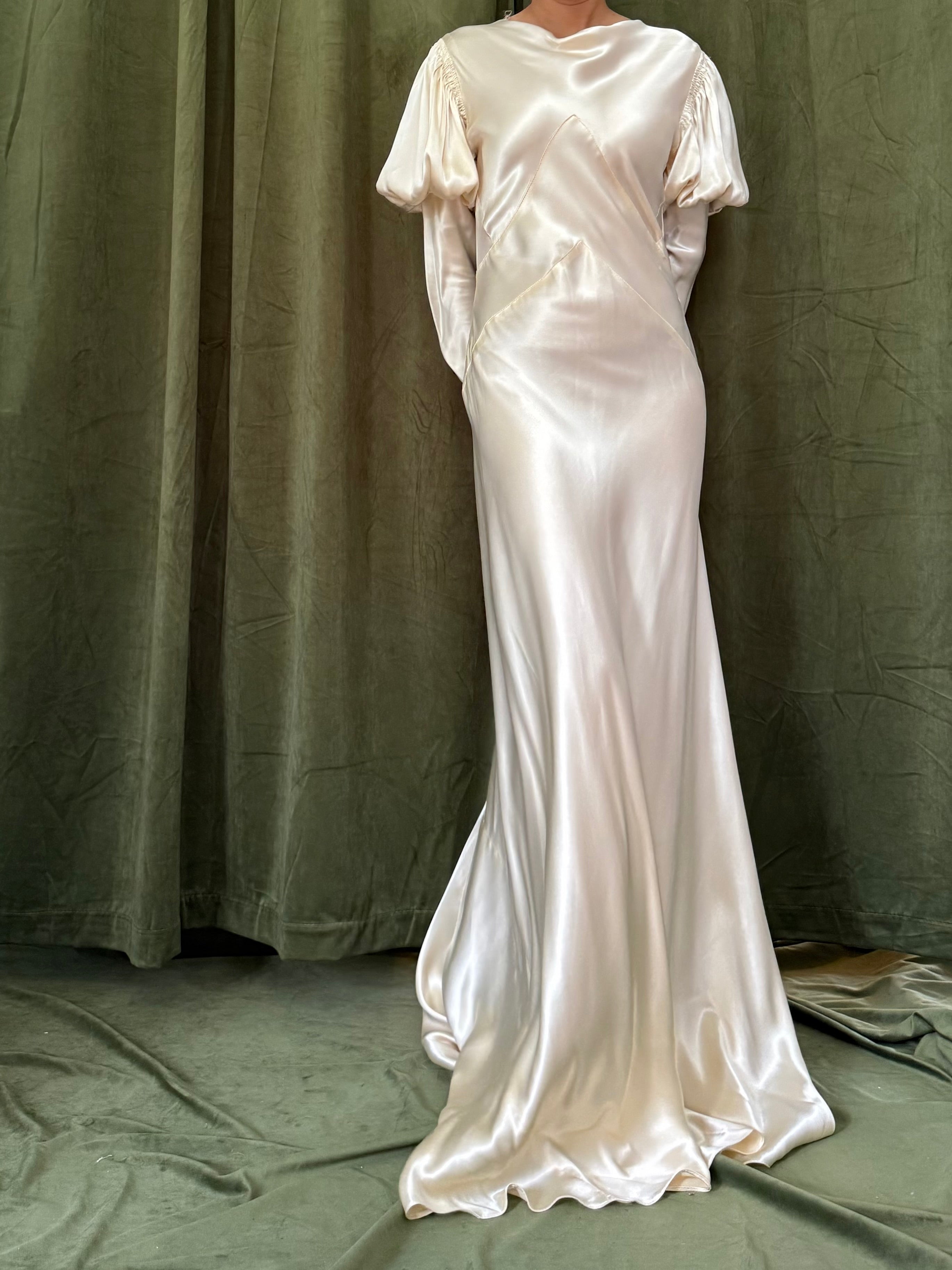 1930s Candelight Satin Puff Sleeve Gown - S