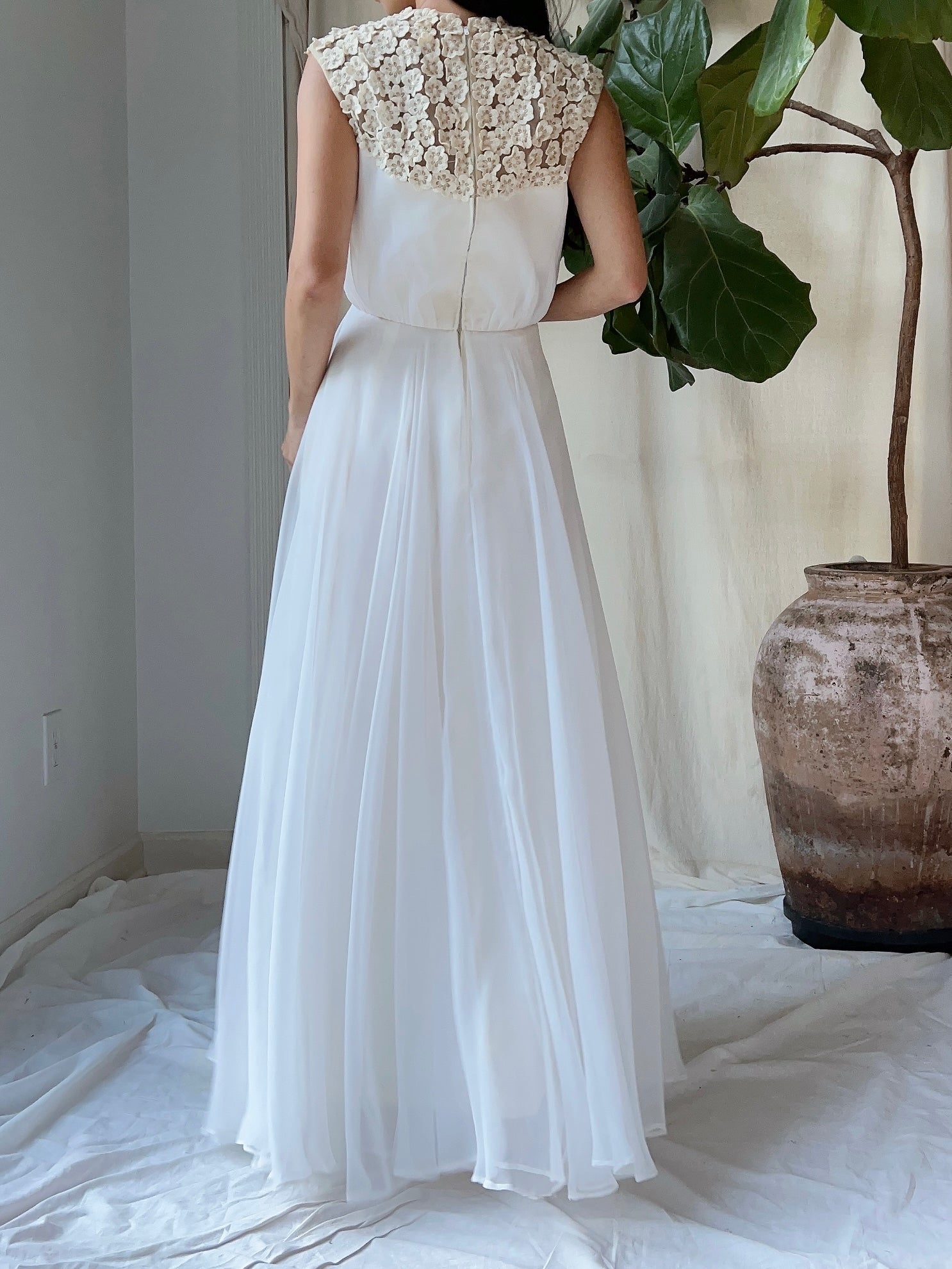 1960s Flower Applique Chiffon Dress - S