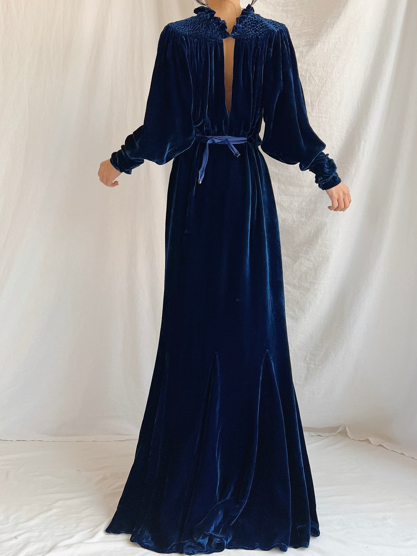 1930s Sapphire Silk Velvet Gown - M