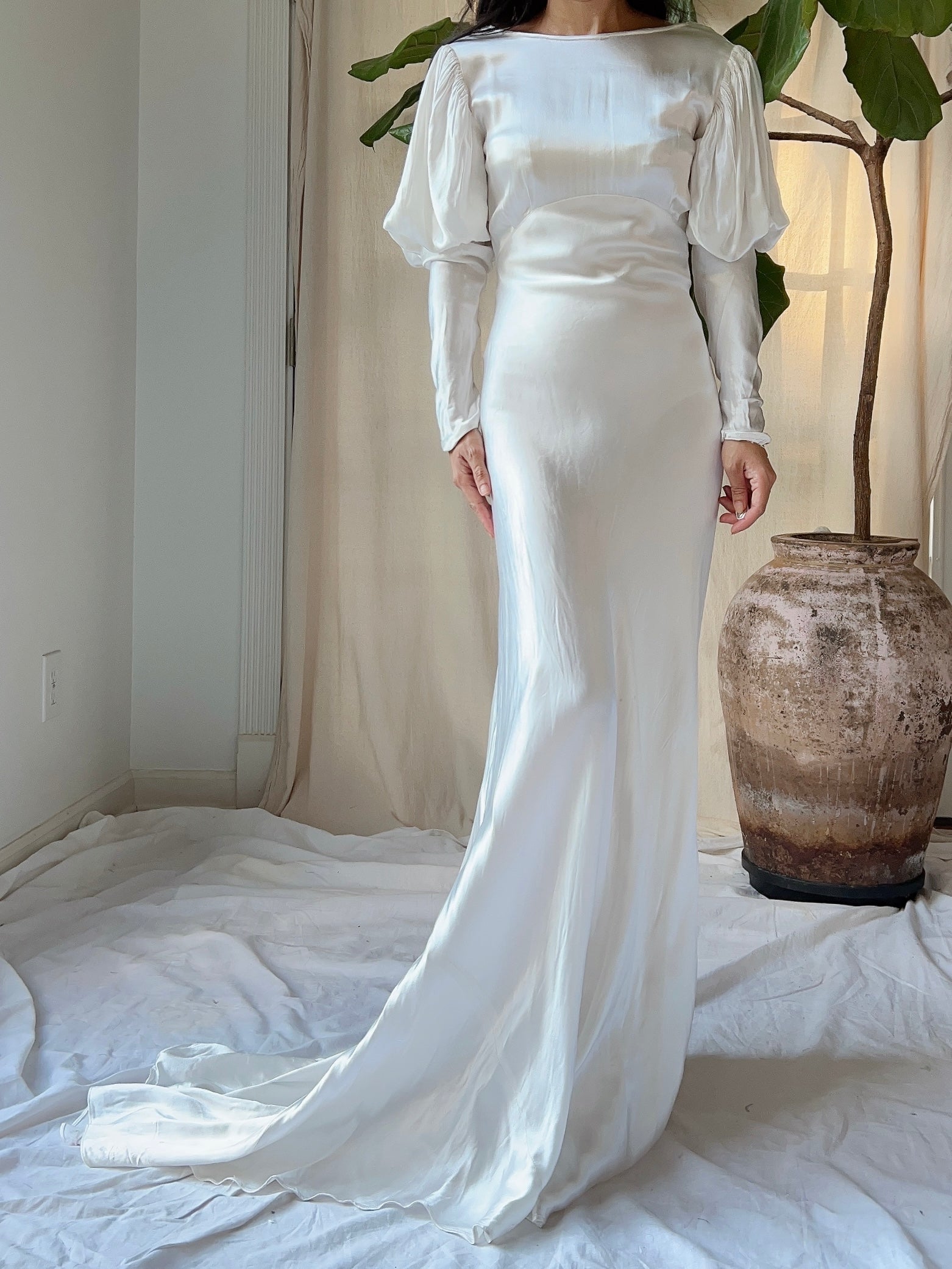 1930s Satin Puff Sleeve Dress - XS
