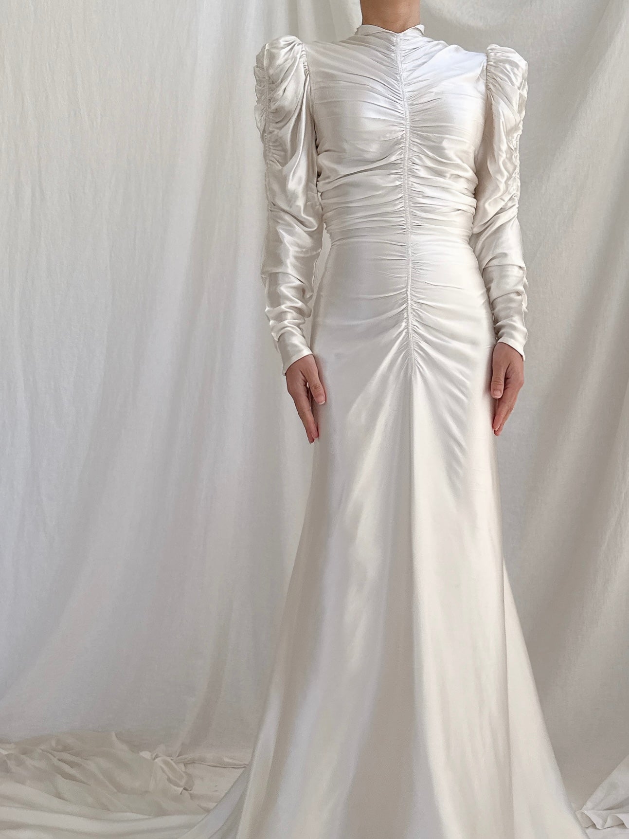 1930s Ruche Long Sleeve Satin Gown - S