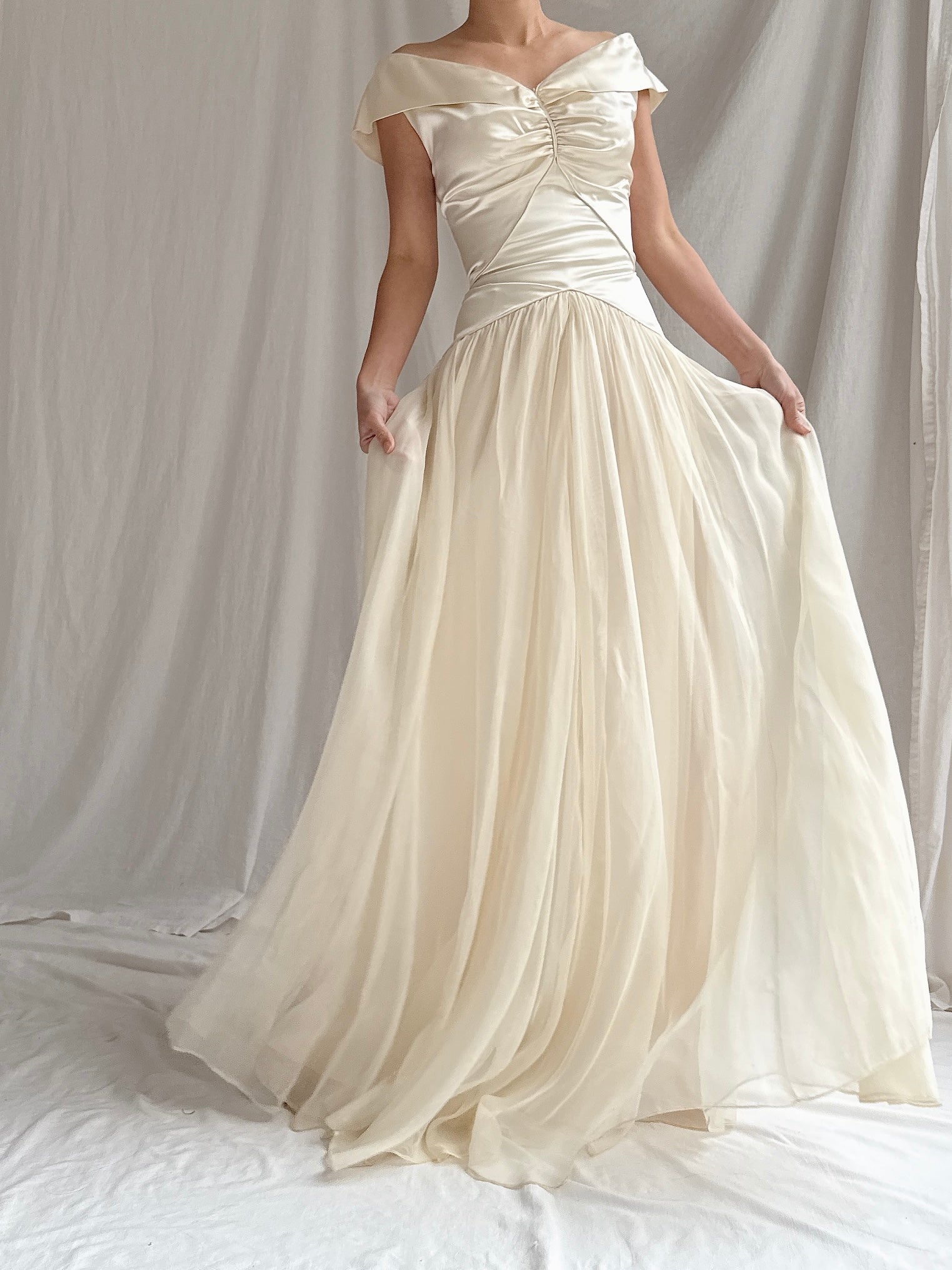 1940s Satin and Net Chiffon Dress - S