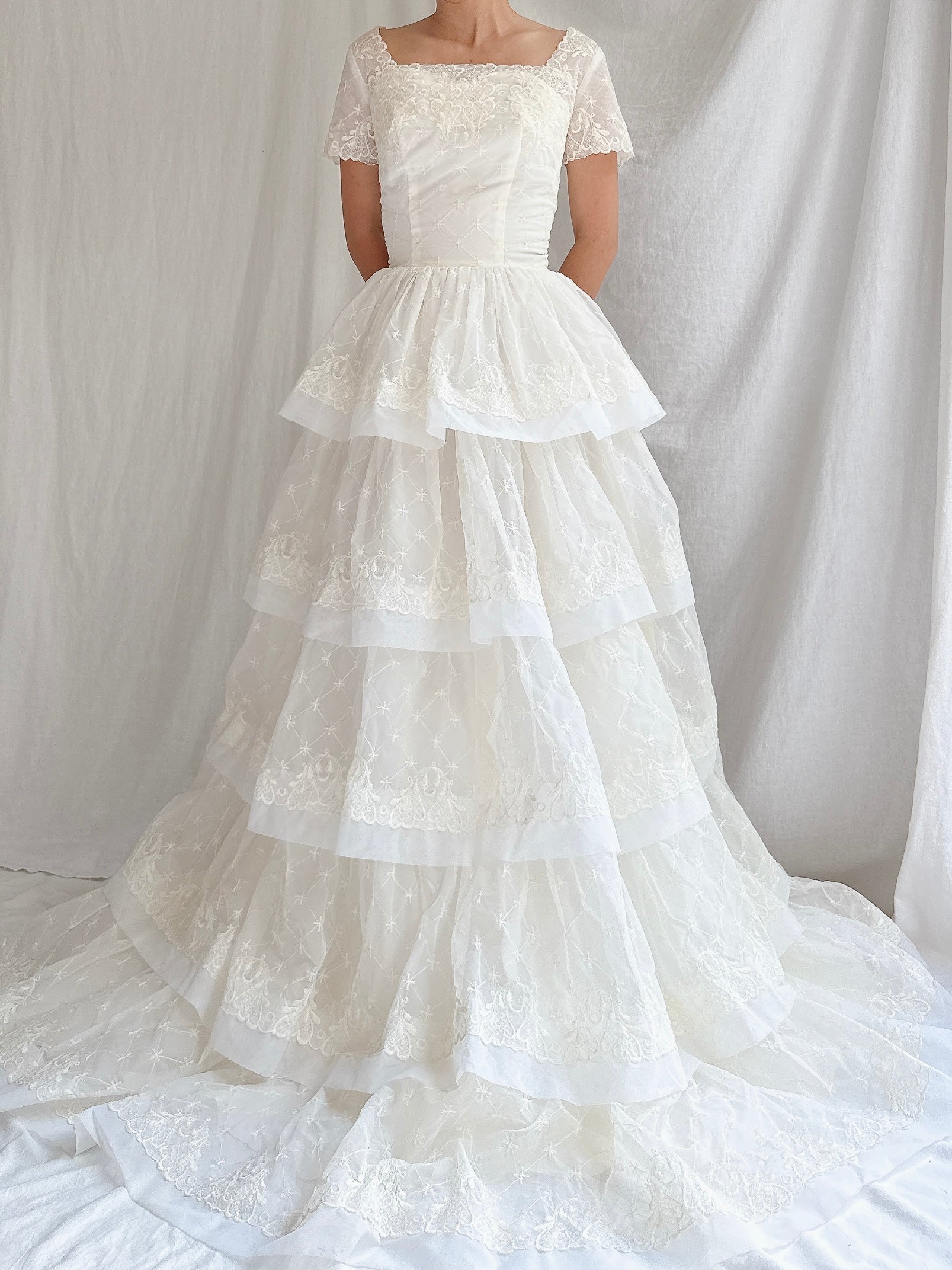 1950s Voile Embroidered Tiered Gown - XS