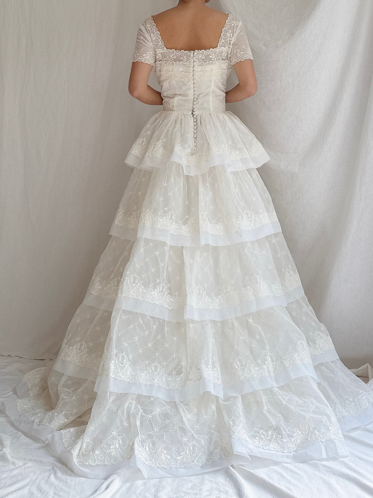 1950s Voile Embroidered Tiered Gown - XS