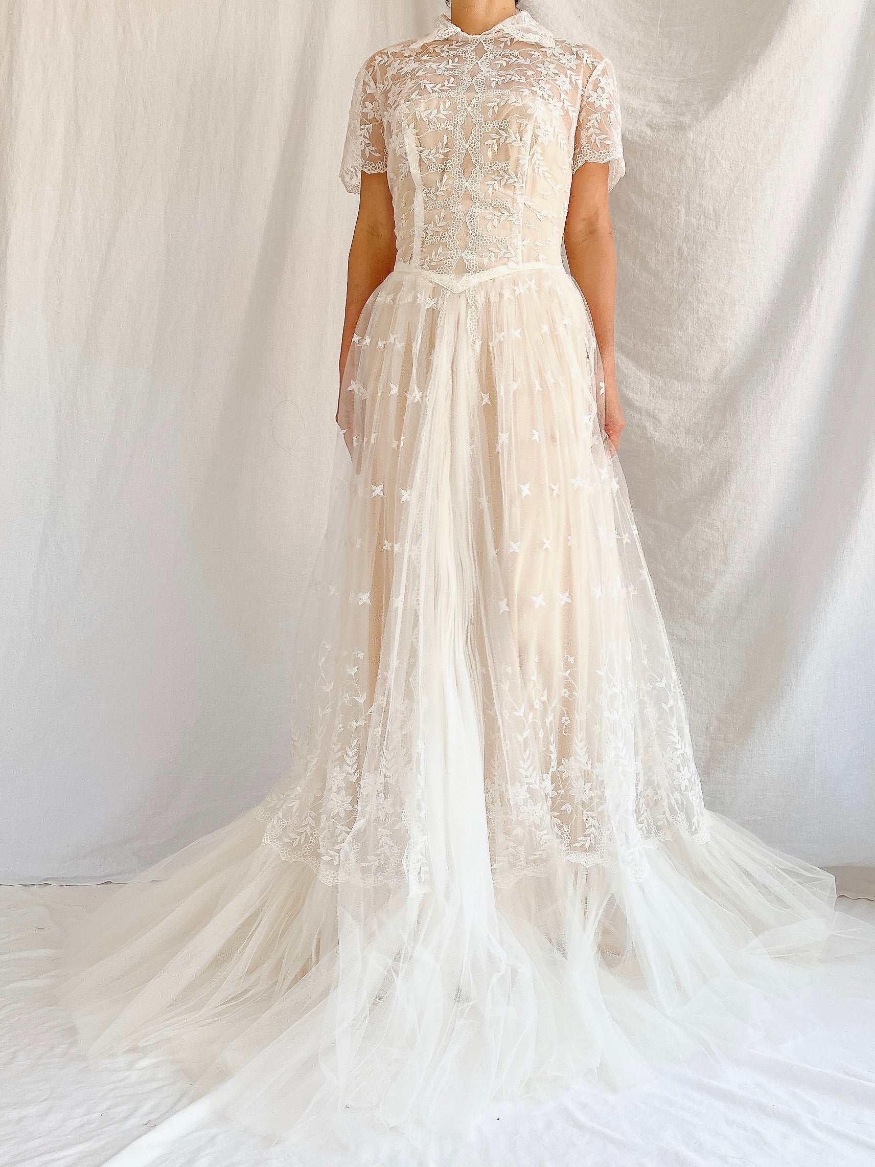 1950s Sheer Embroidered Tulle Gown - S