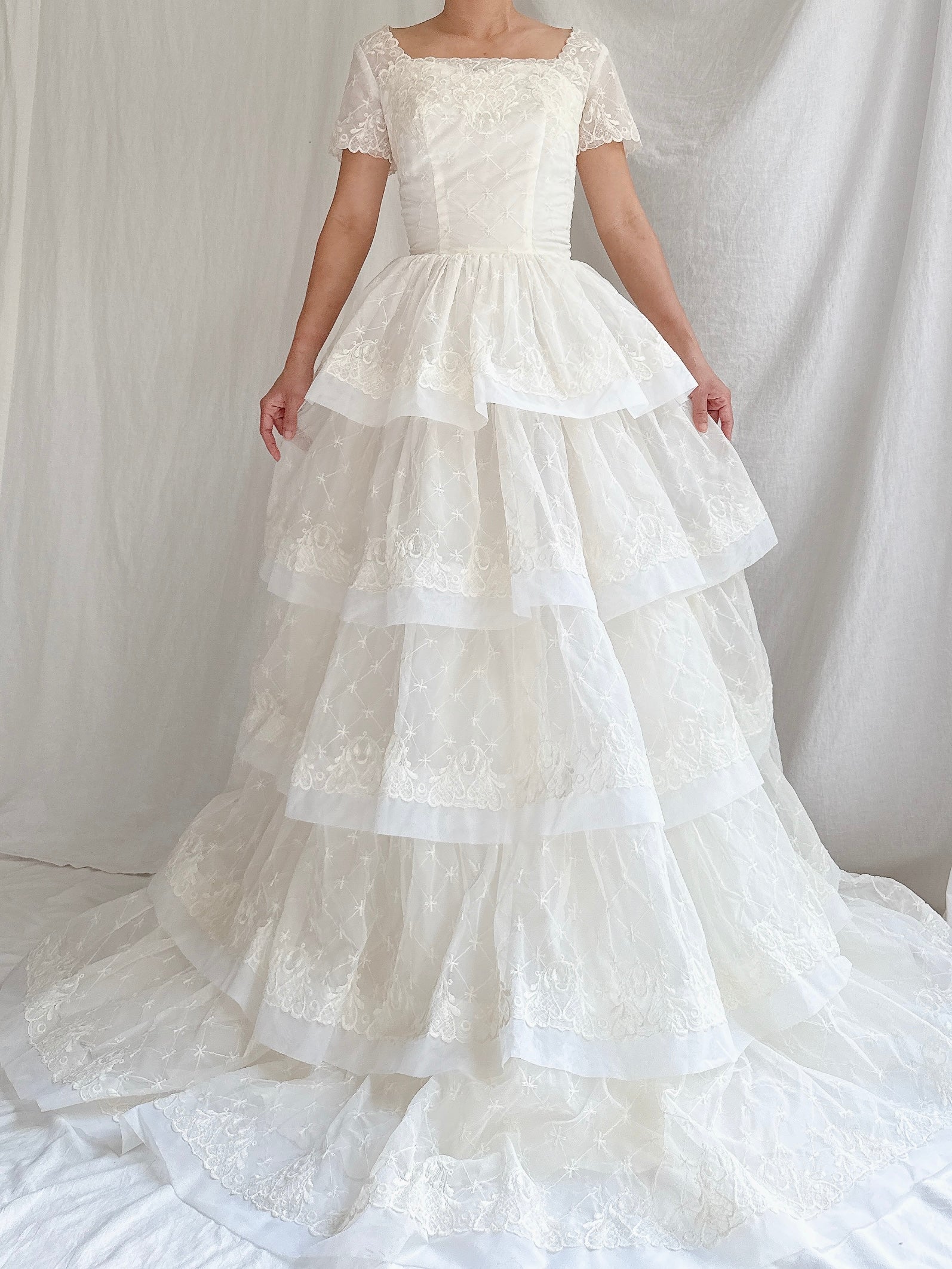 1950s Voile Embroidered Tiered Gown - XS
