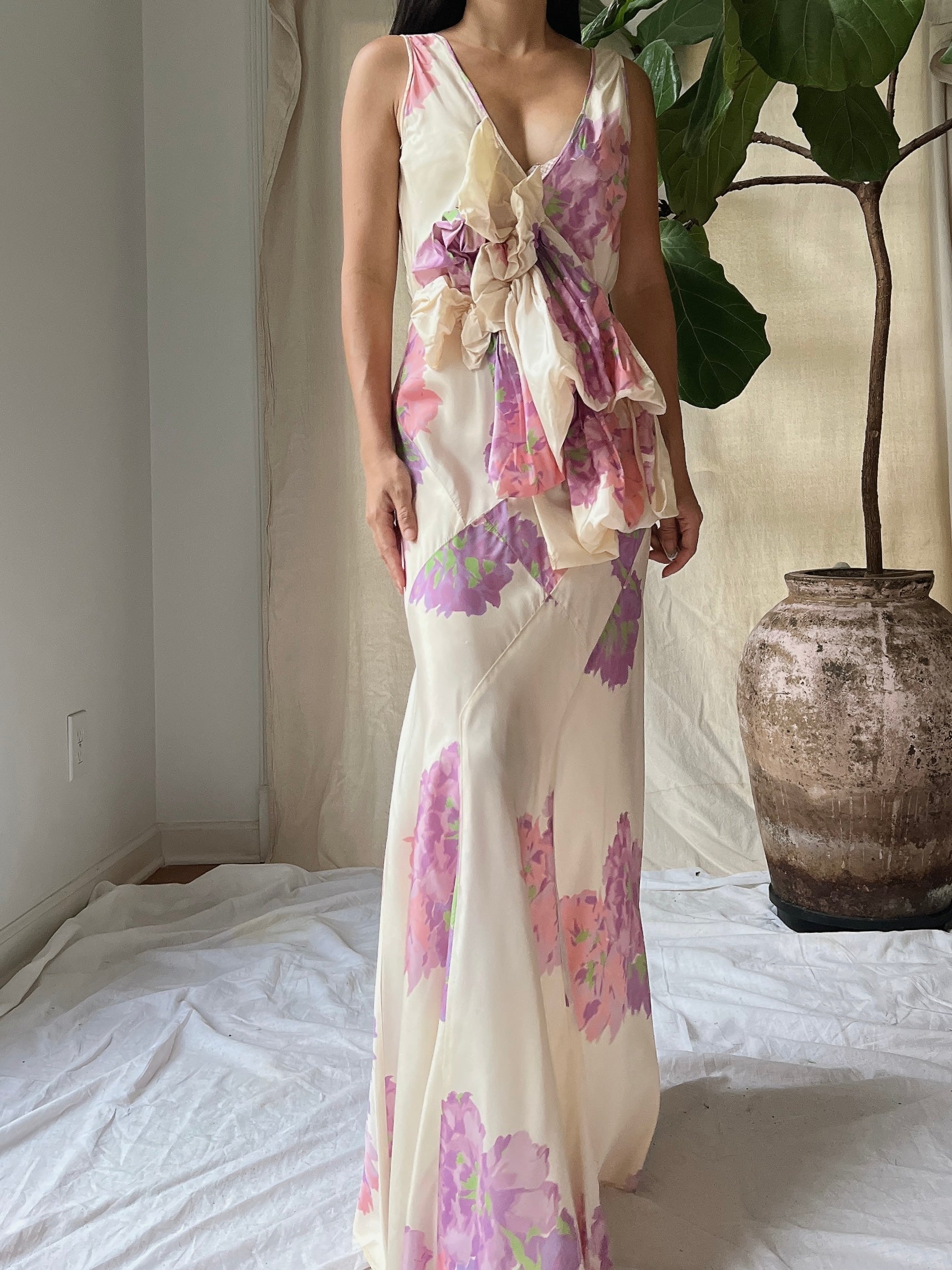 1930s Floral Taffeta Dress - S