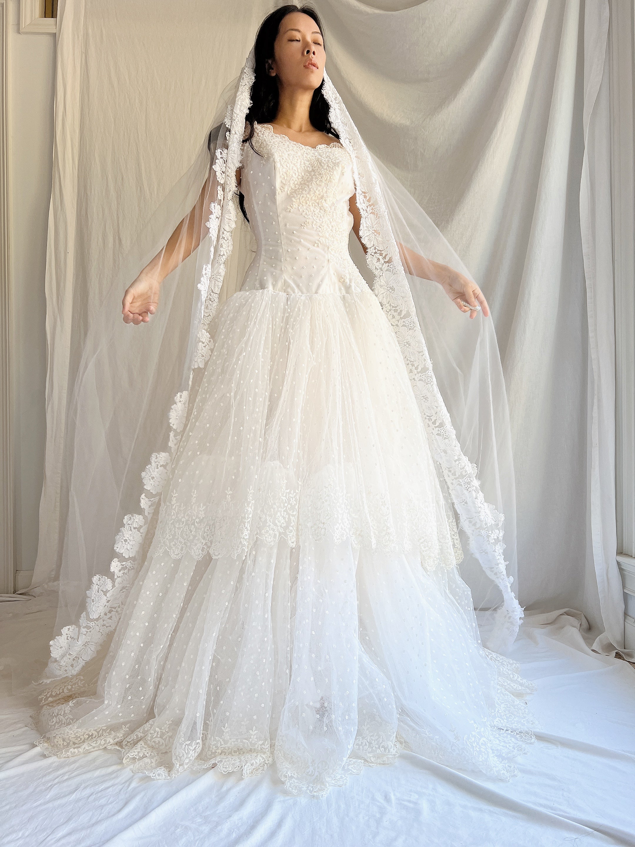 1950s Cathedral Alencon Double Tulle Veil