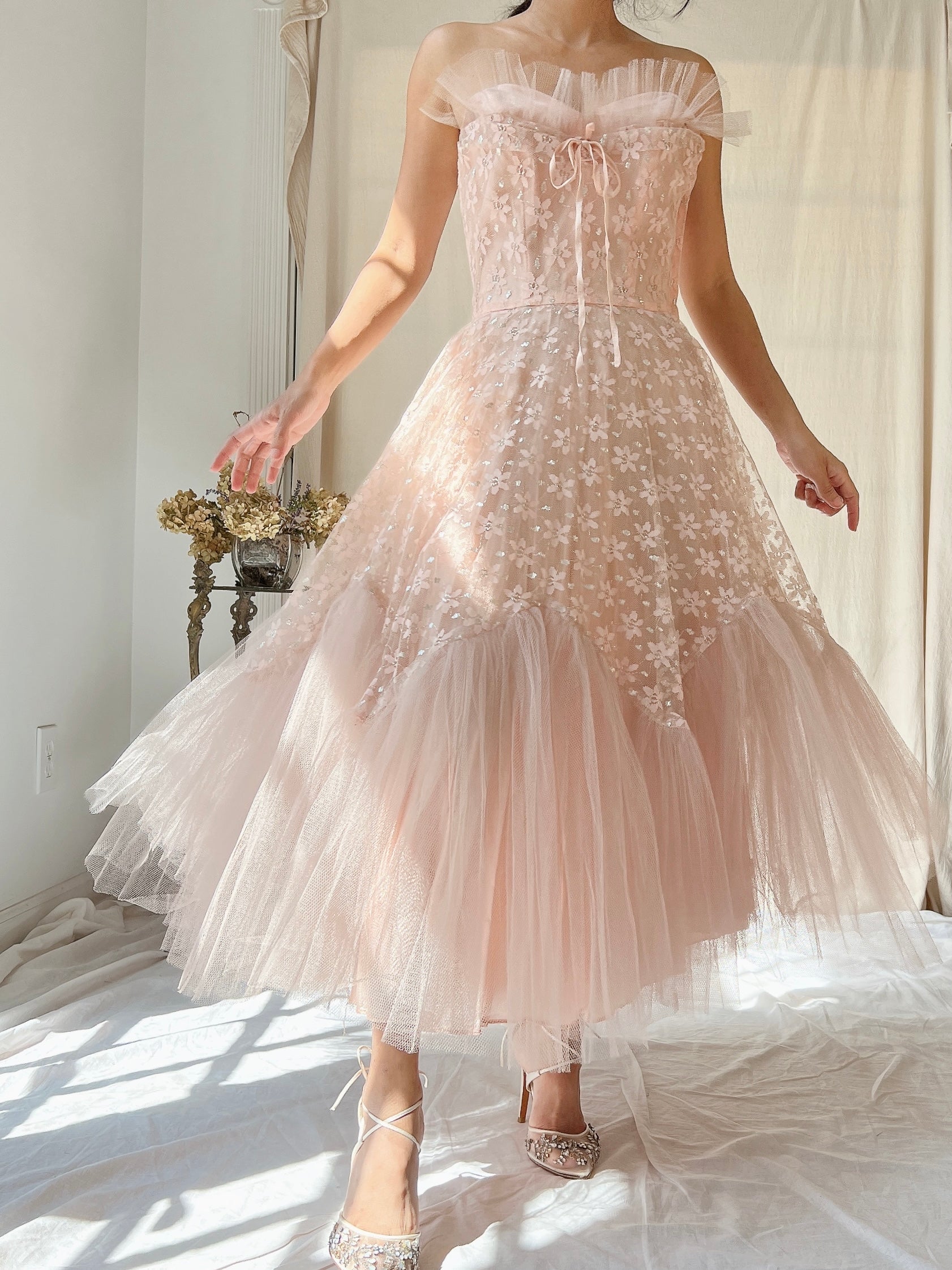 1950s Dusty Pink Tulle and Lace Dress - XS