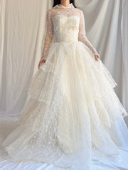 1950s Embroidered Tiered Tulle Gown - XS/S