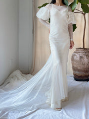 1930s Tulle Puff Sleeves Gown - XS