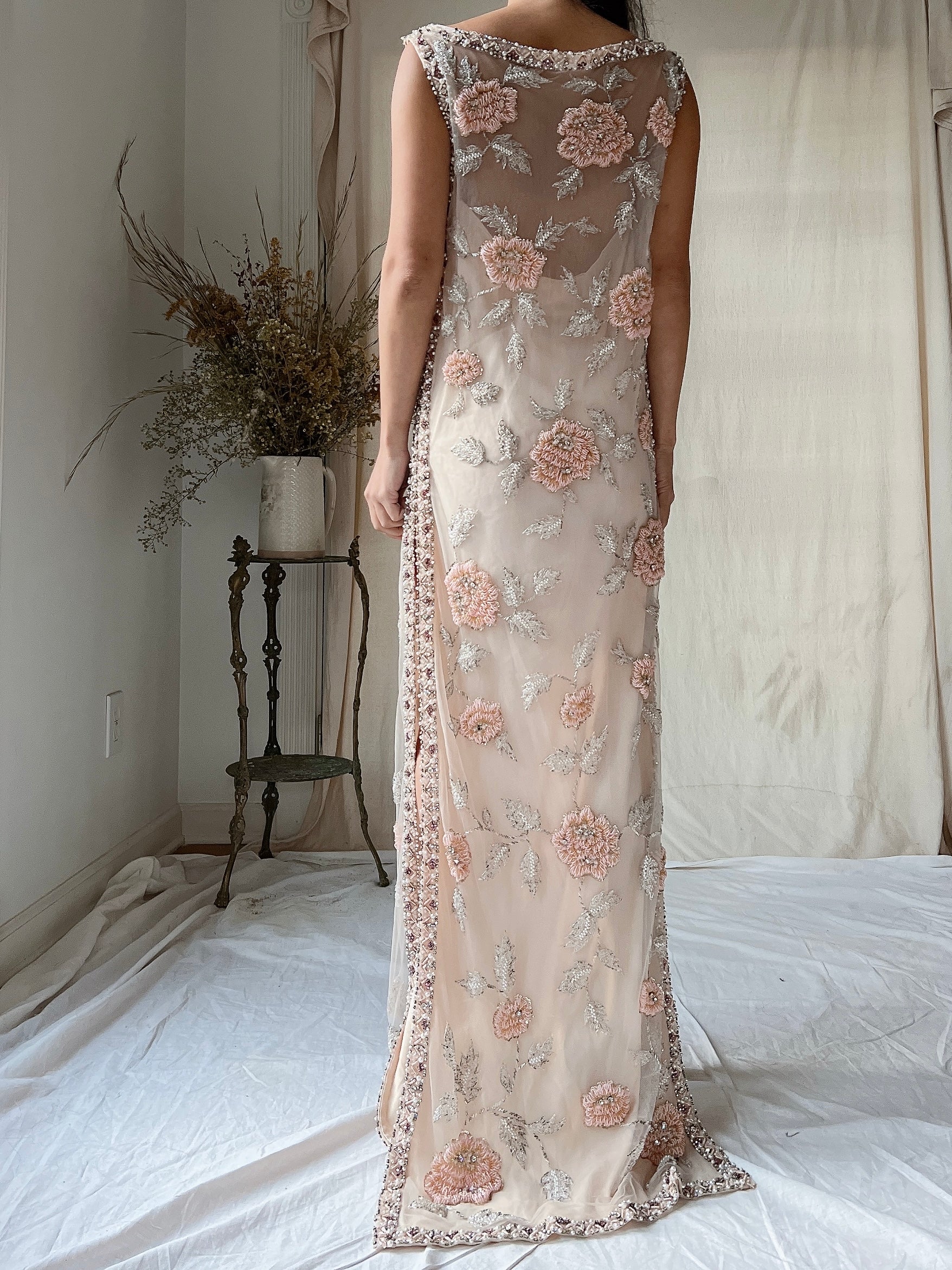 1960s Hand Beaded Tulle Dress - S/M