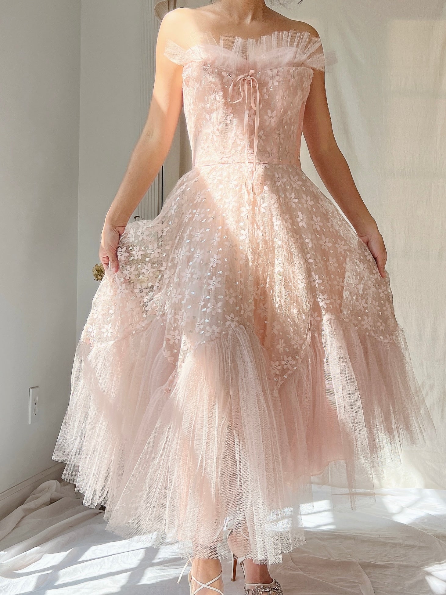 1950s Dusty Pink Tulle and Lace Dress - XS