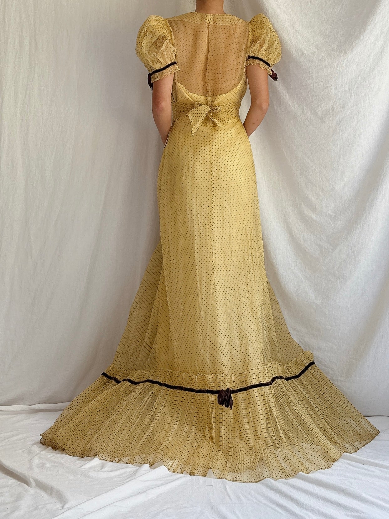 1930s/40s Organdy Flocked Gown - S