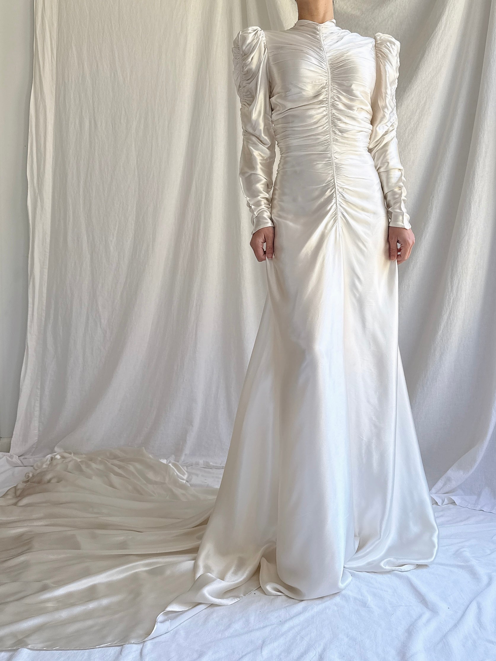 1930s Ruche Long Sleeve Satin Gown - S