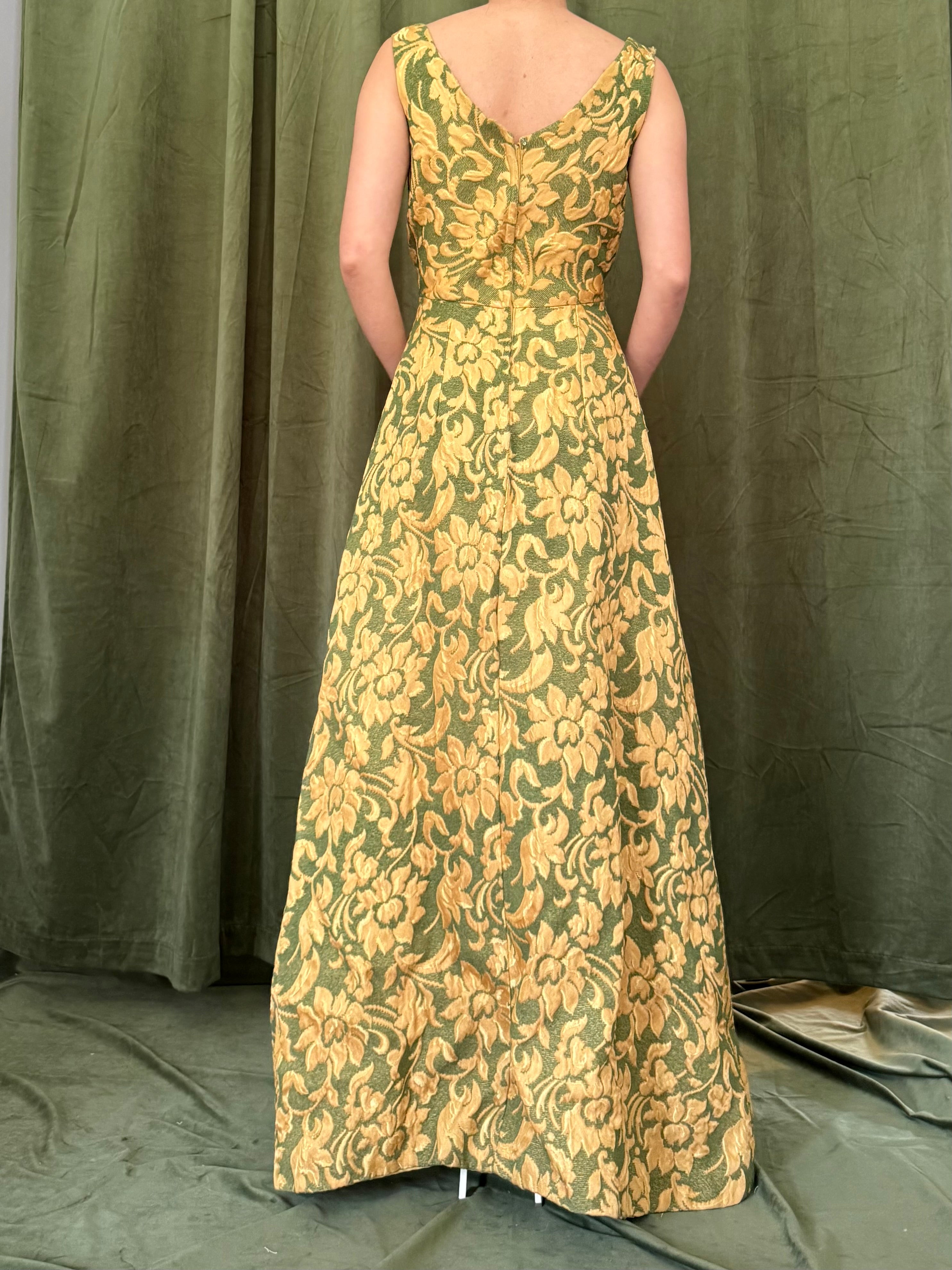 1960s Green and Gold Tapestry Brocade Dress - S