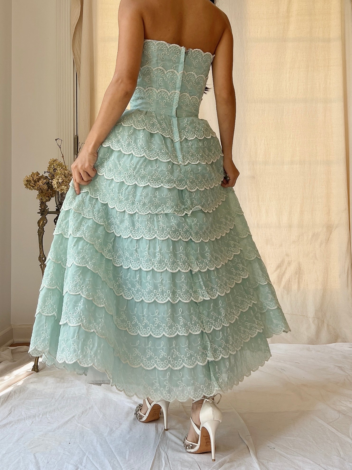 1950s Scalloped Voile Embroidered Dress - XS