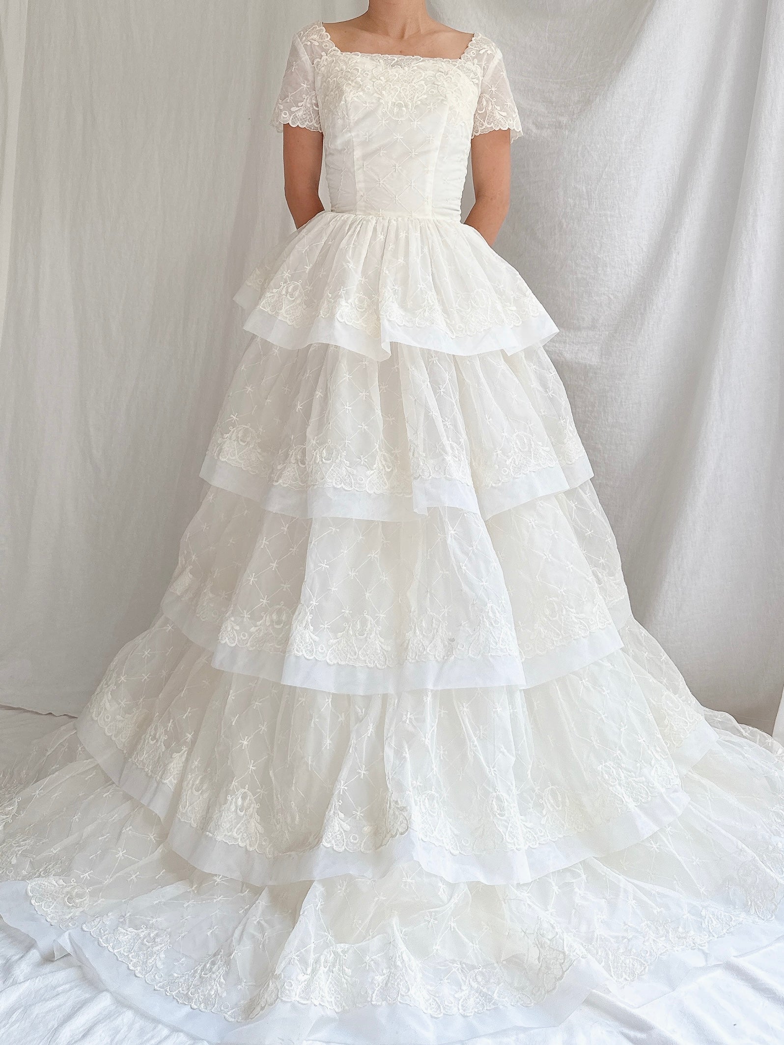 1950s Voile Embroidered Tiered Gown - XS