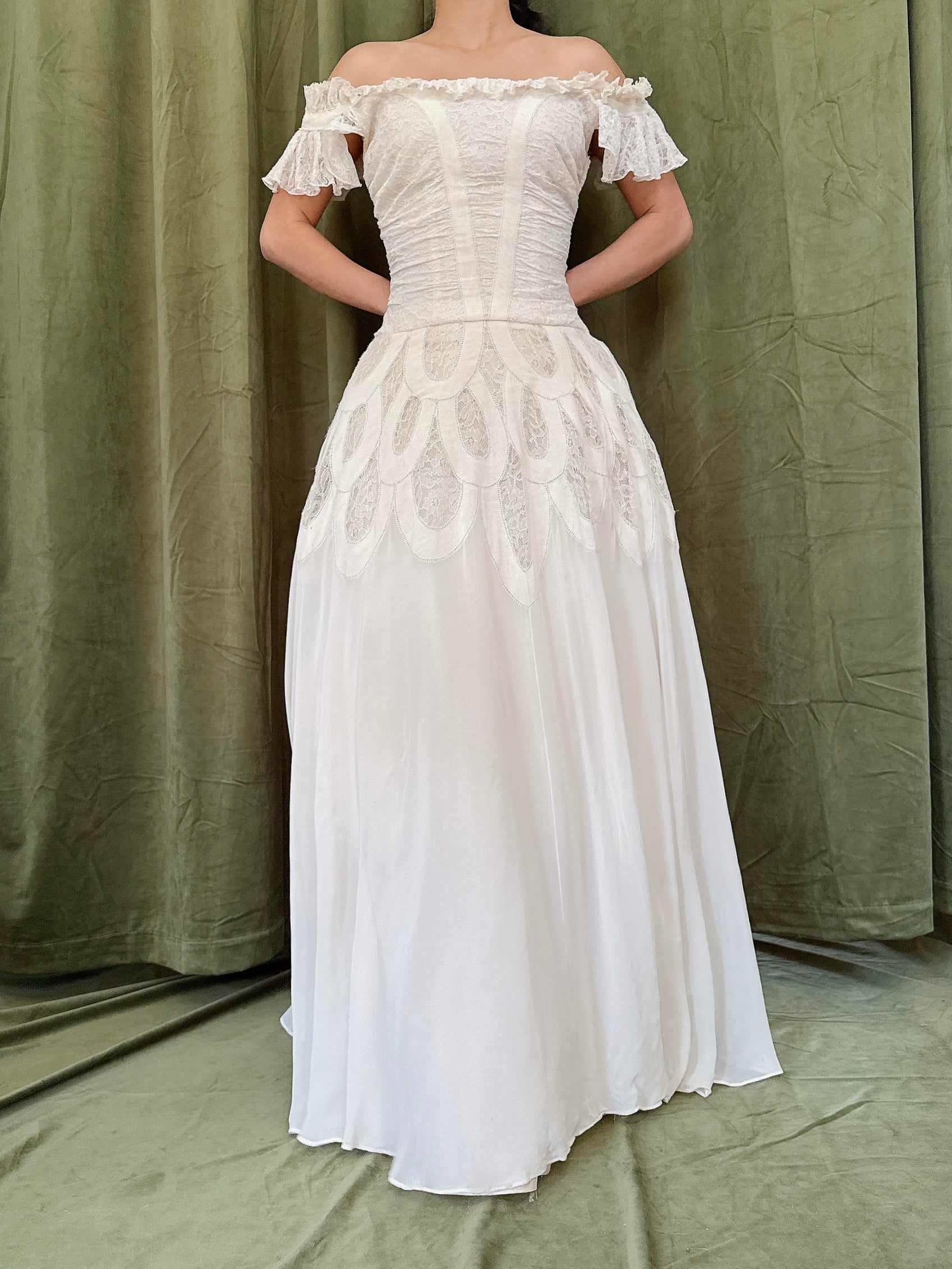1950s Chiffon & Lace Dress - S
