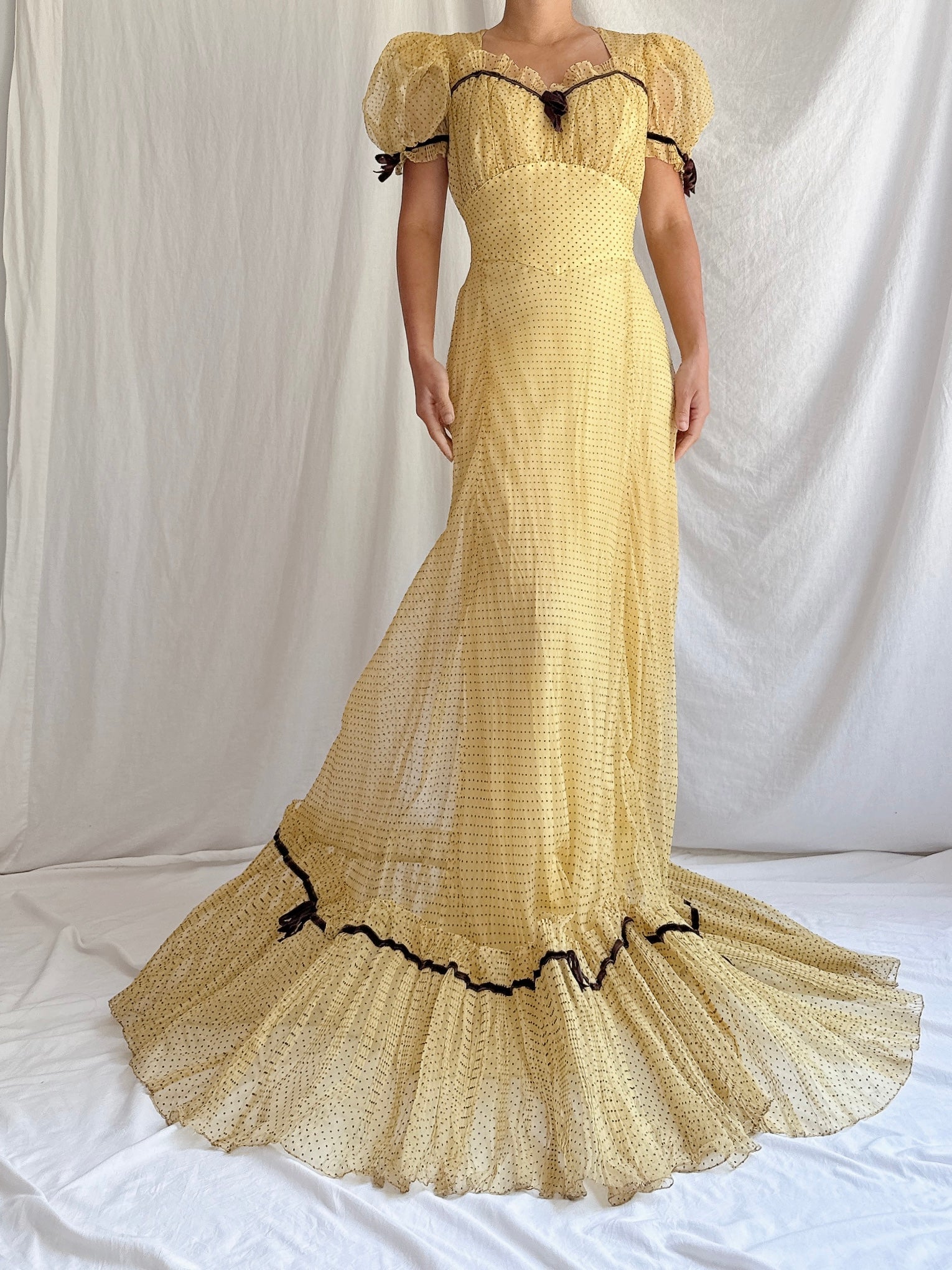 1930s/40s Organdy Flocked Gown - S