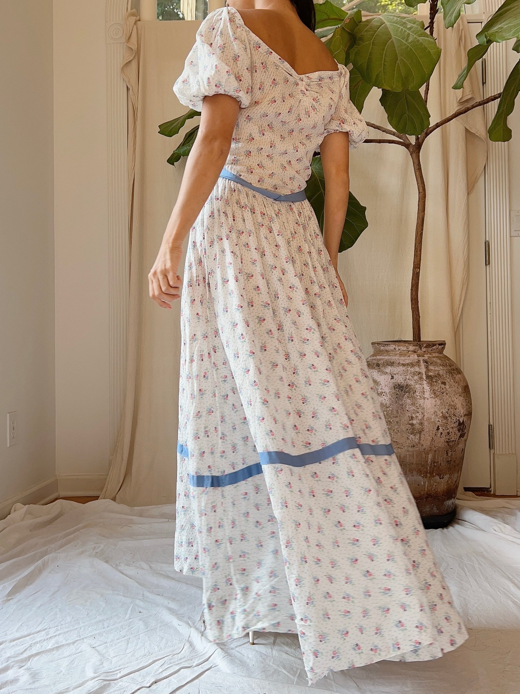 1930s Puff Sleeve Cotton Floral Dress - XS