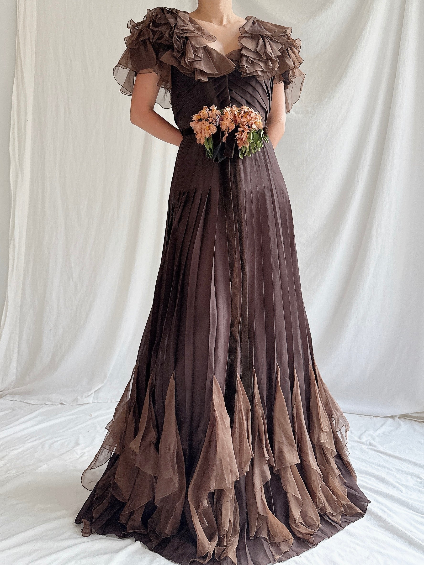 1930s Silk Chiffon and Organza Gown - S