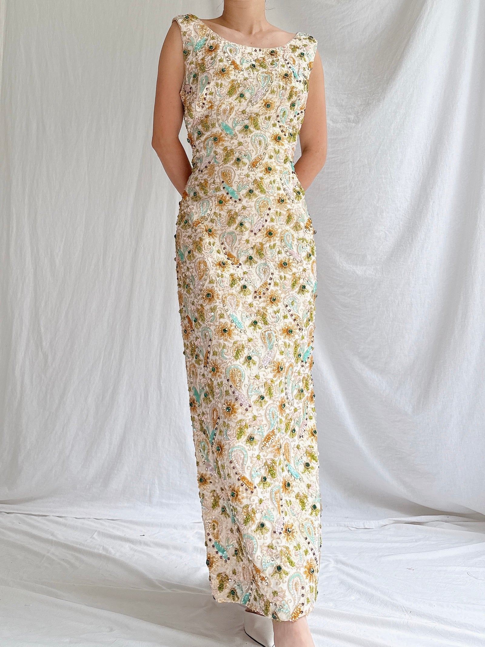 1960s Beaded Brocade Column Gown - M
