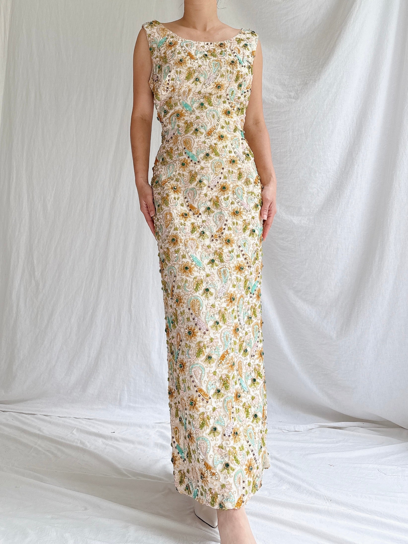 1960s Beaded Brocade Column Gown - M