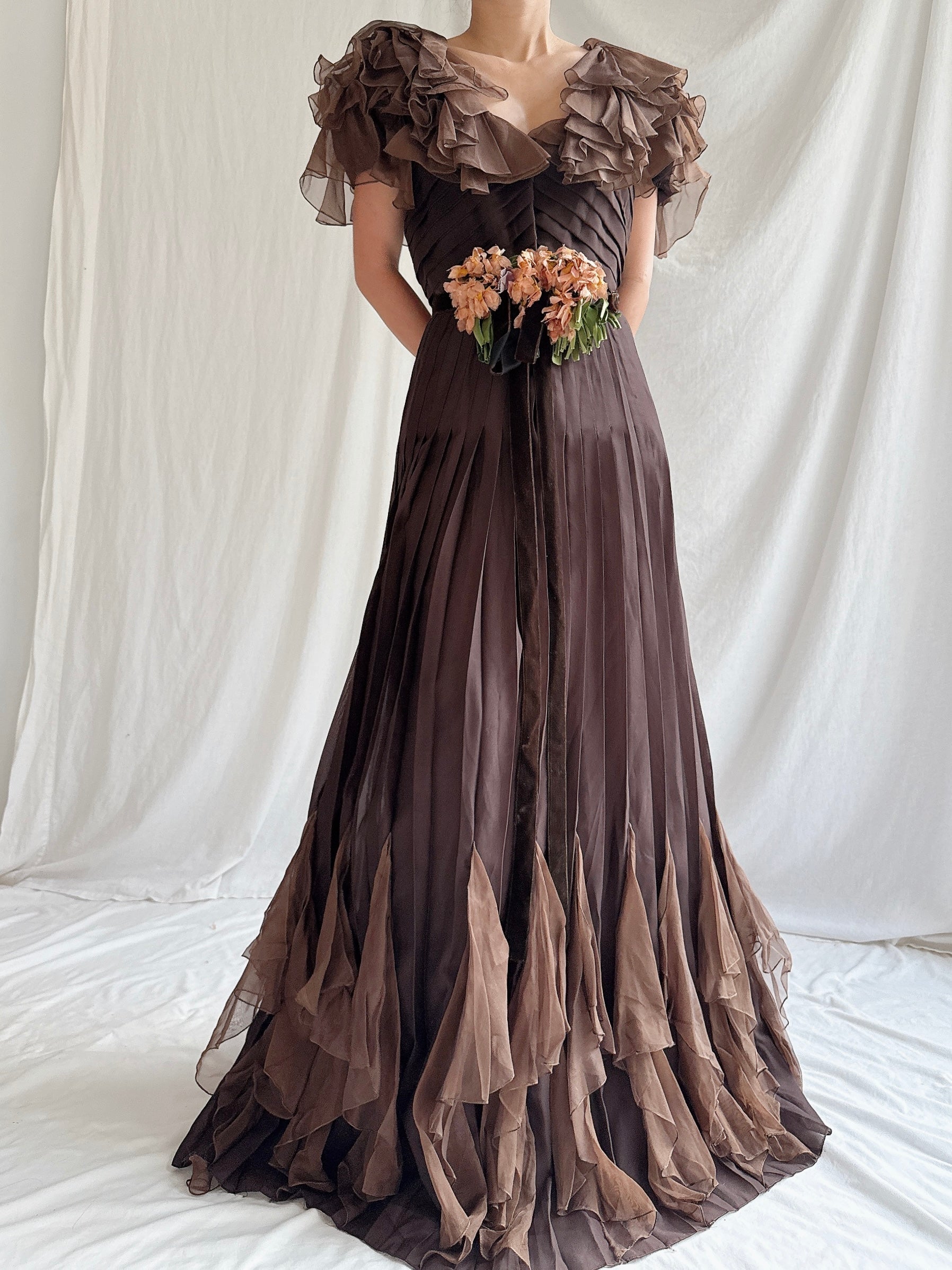 1930s Silk Chiffon and Organza Gown - S