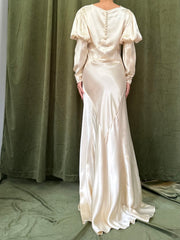 1930s Candelight Satin Puff Sleeve Gown - S
