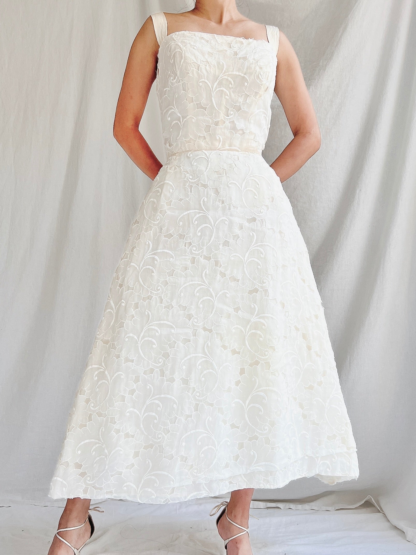 1950s I. Magnin Embroidered Silk Organza Dress - XS