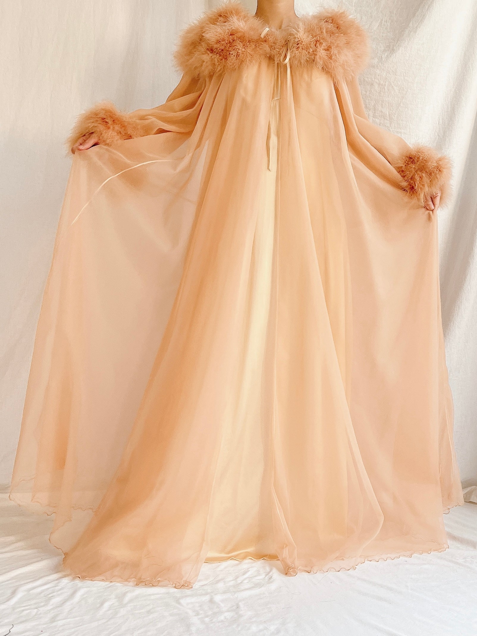 1960s Dark Apricot Nylon Marabou Duster - S/M