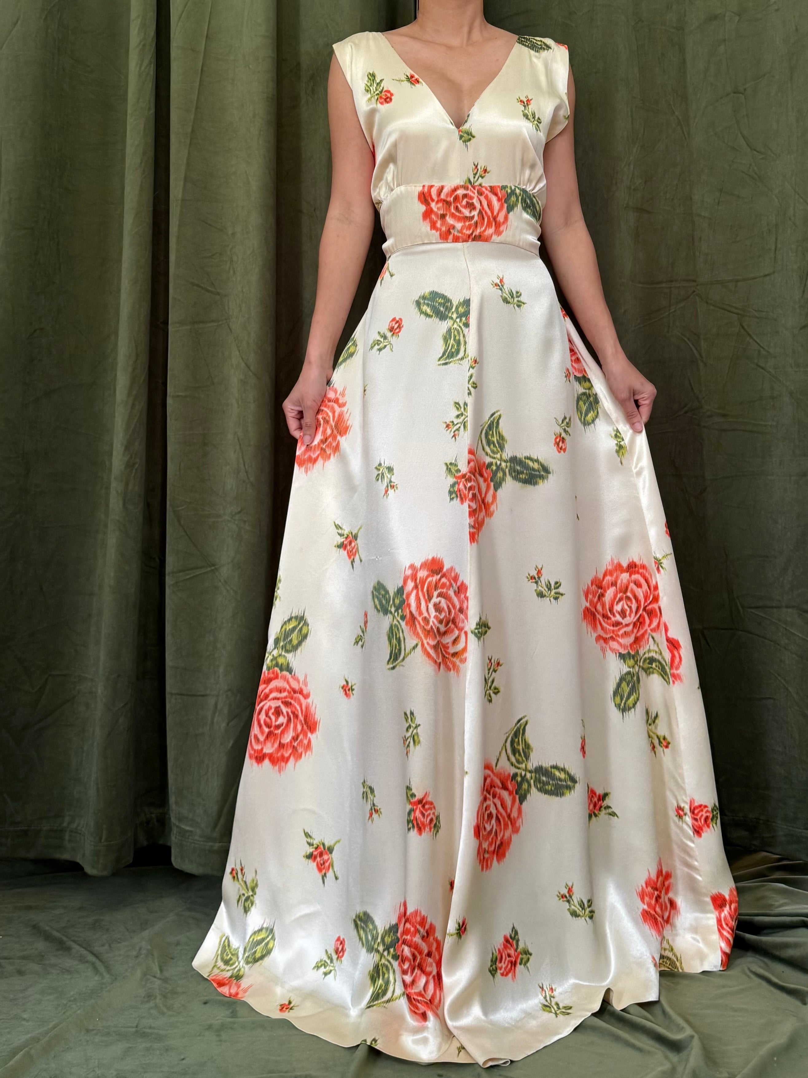 1940s Satin Floral Dress - S/M
