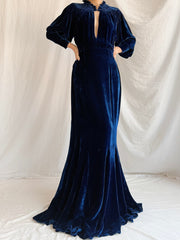 1930s Sapphire Silk Velvet Gown - M