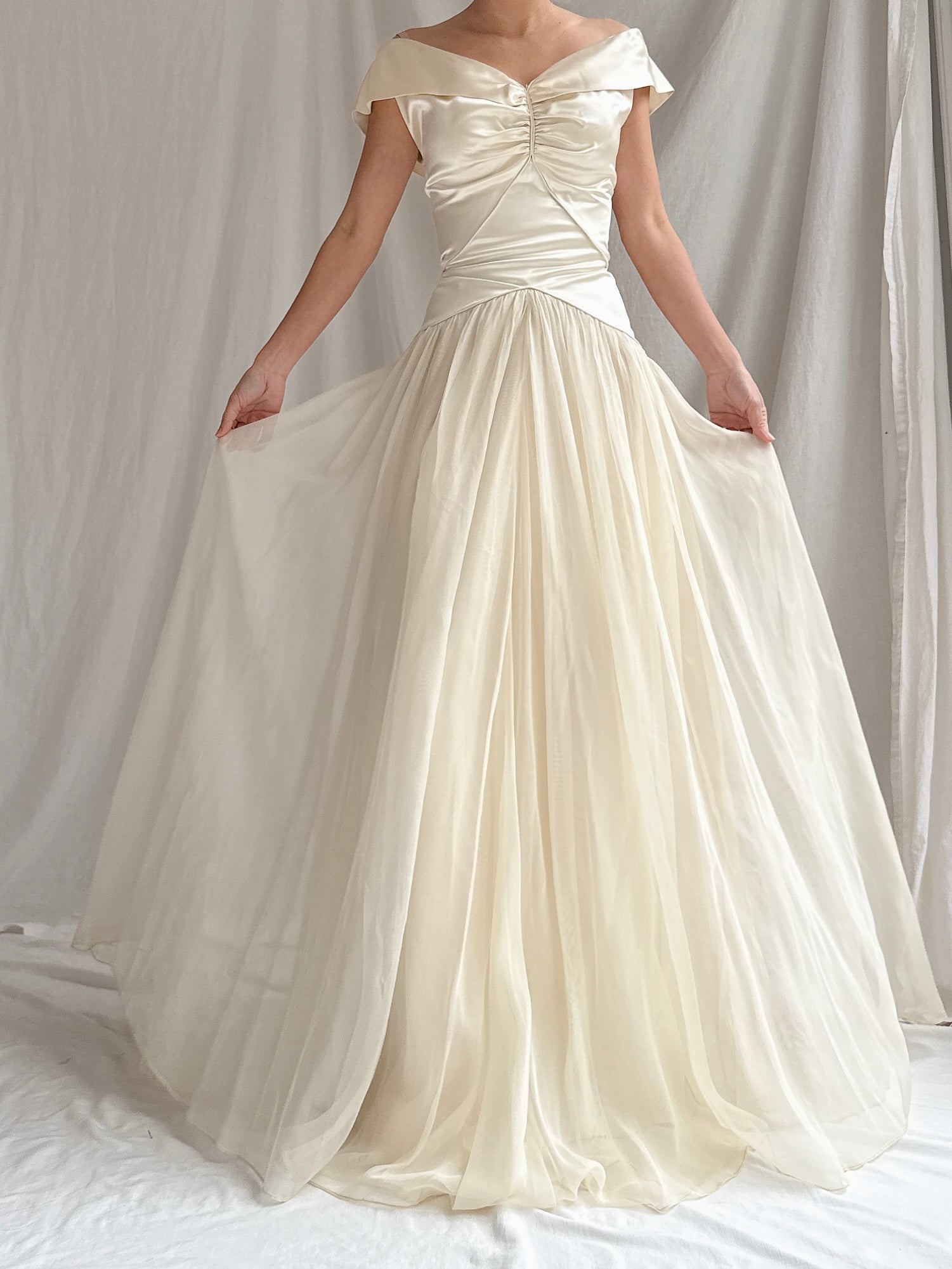 1940s Satin and Net Chiffon Dress - S