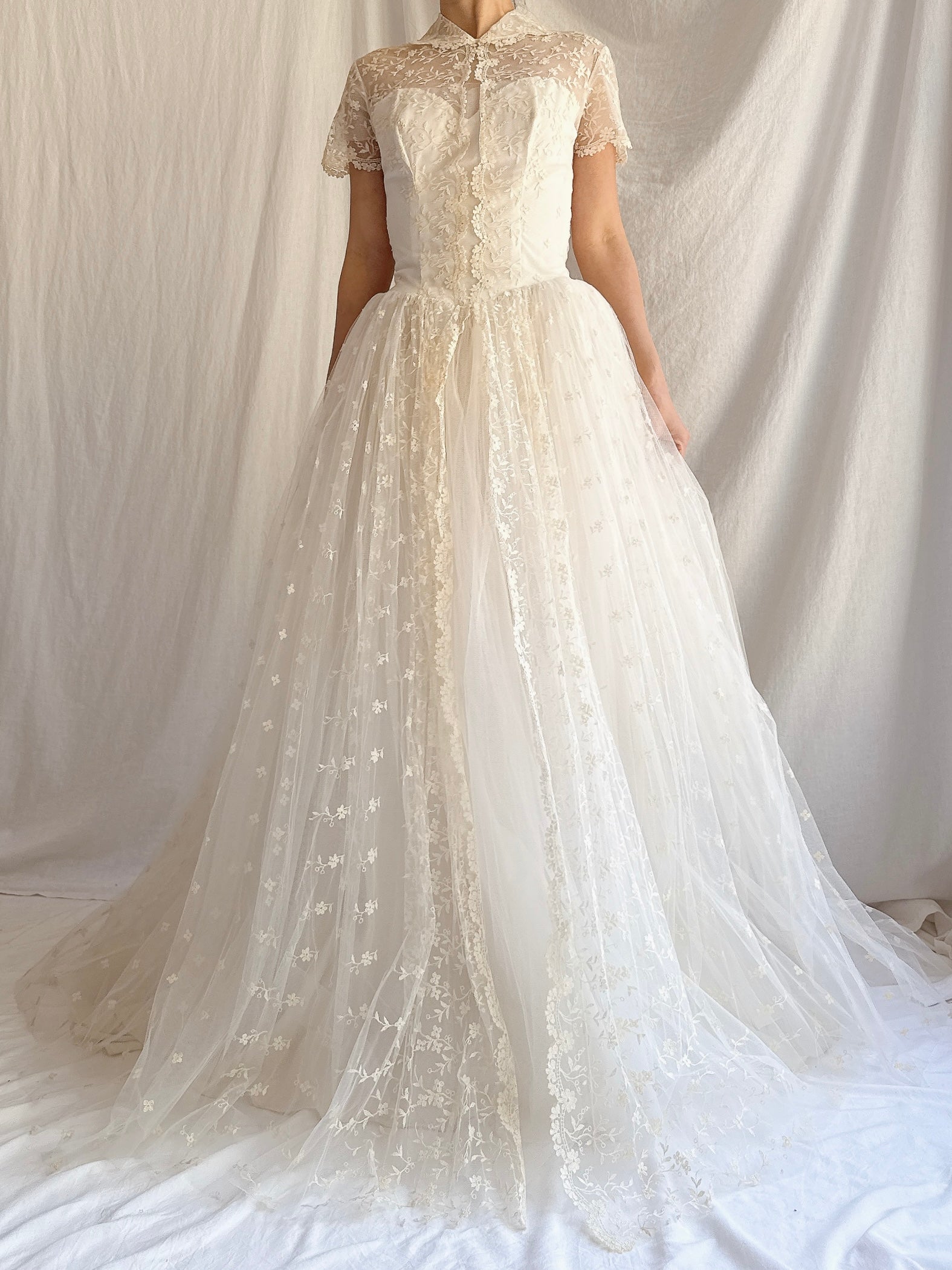 1950s Embroidered Tulle Dress - XS