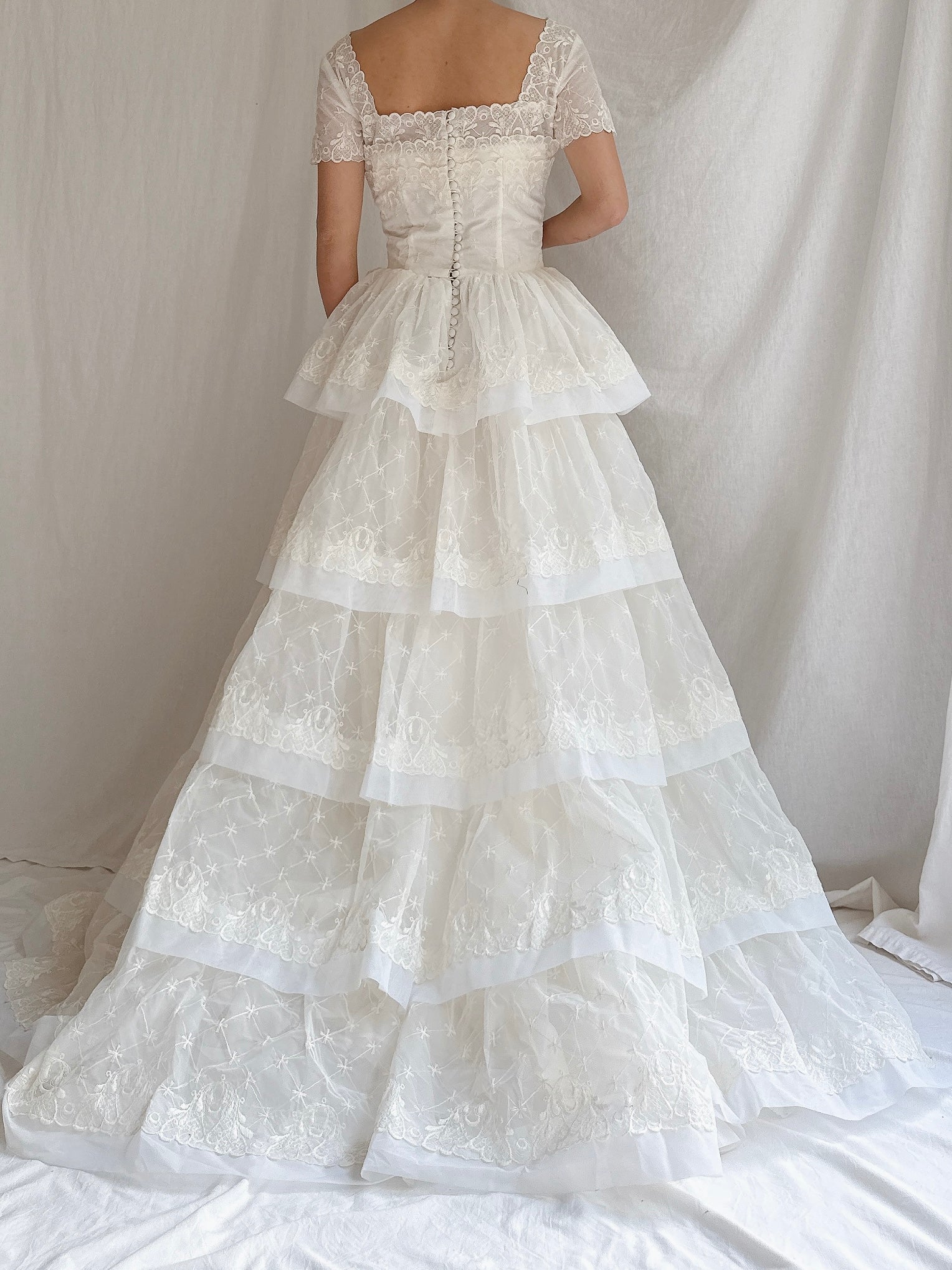 1950s Voile Embroidered Tiered Gown - XS